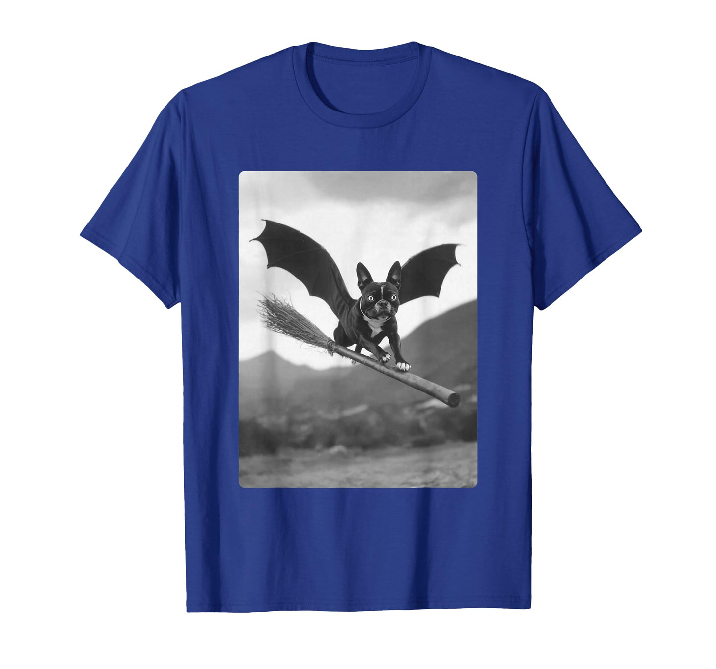Boston Terrier Witch Broom Bat Wings Spooky Halloween Dog T-Shirt