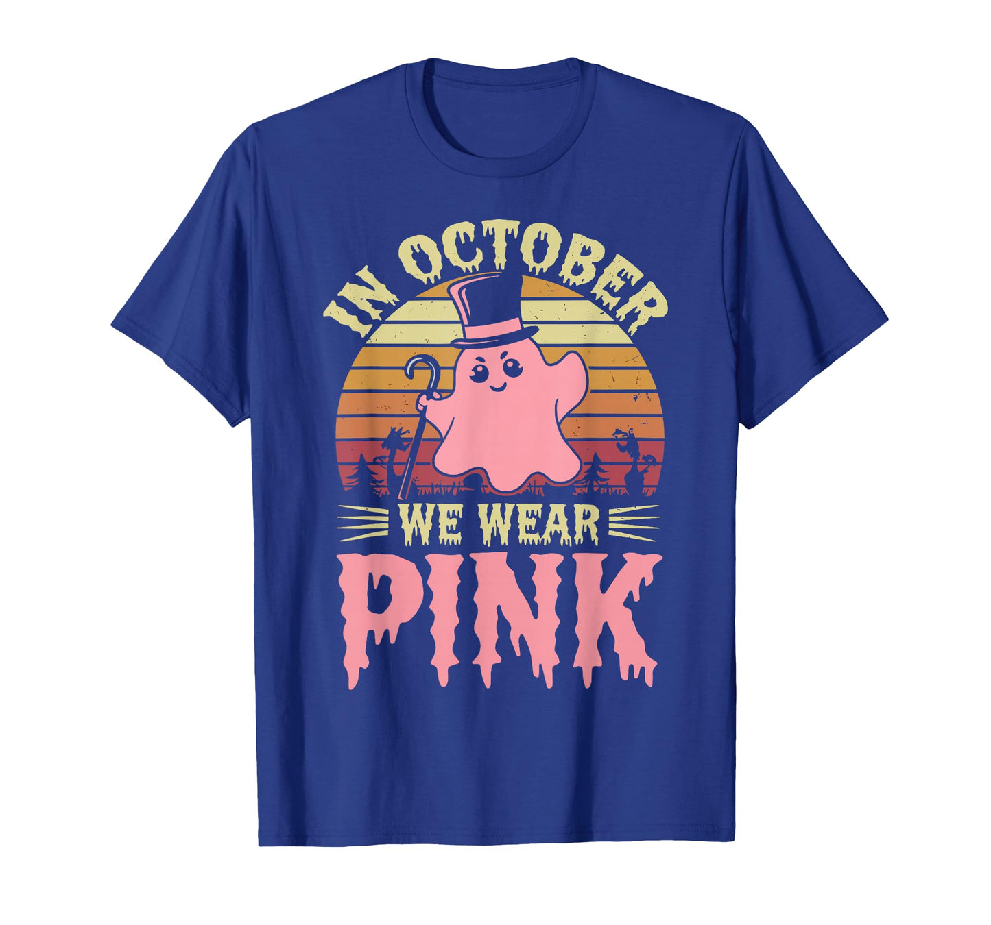 in October We Wear Pink Ghost Witch Breast Cancer Awareness T-Shirt