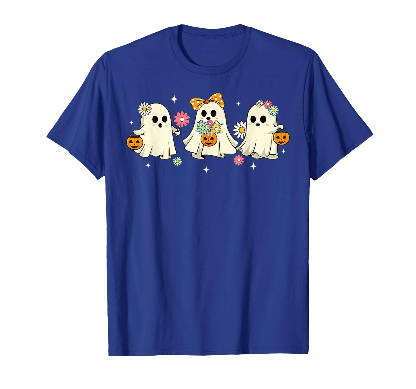 Cute Ghost Groovy Vintage Halloween Spooky Season Floral T-Shirt