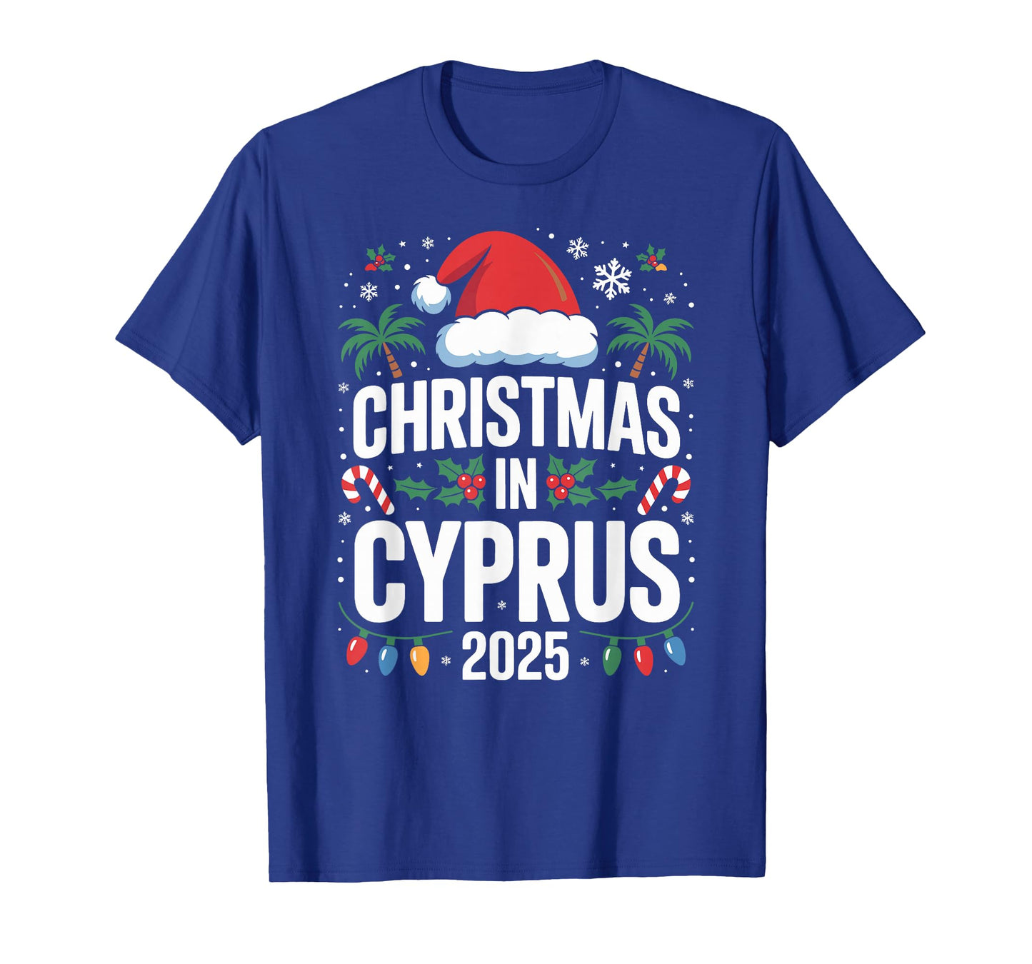 Fun Tropical Santa Hat and Lights, Christmas in Cyprus 2025 T-Shirt