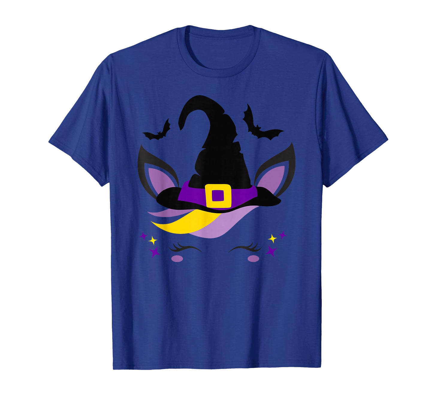 Unicorn Face Eyelashes Bat Scary Witch Hat Halloween Costume T-Shirt
