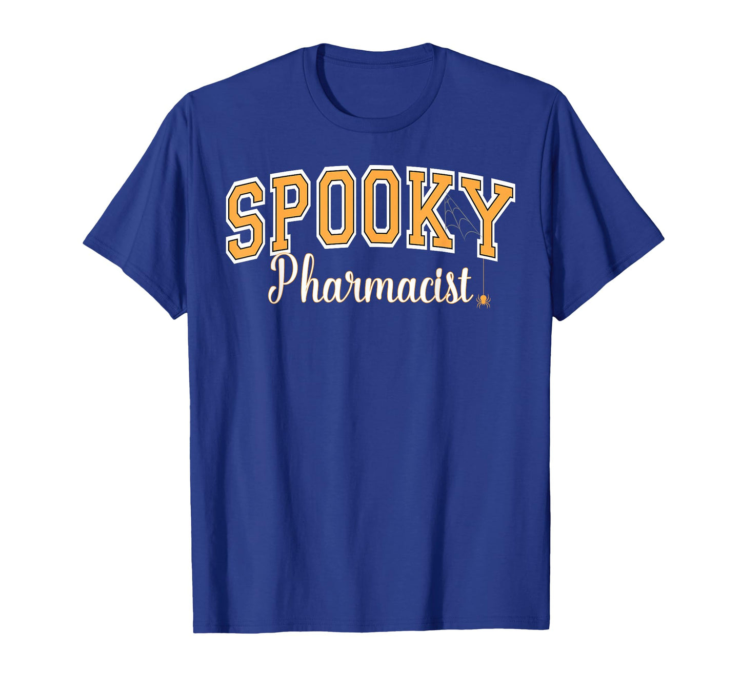 Spooky Pharmacist Halloween Spider Varsity Orange Letters T-Shirt
