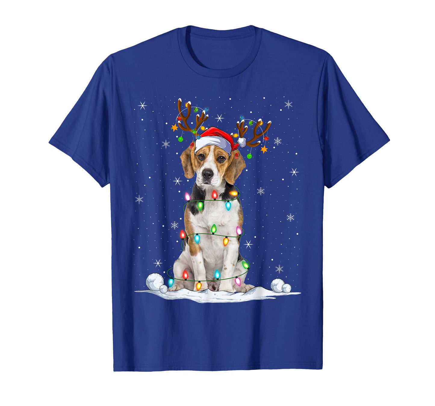 Beagle Dog Christmas Lights Reindeer Santa Hat Xmas Pajamas T-Shirt