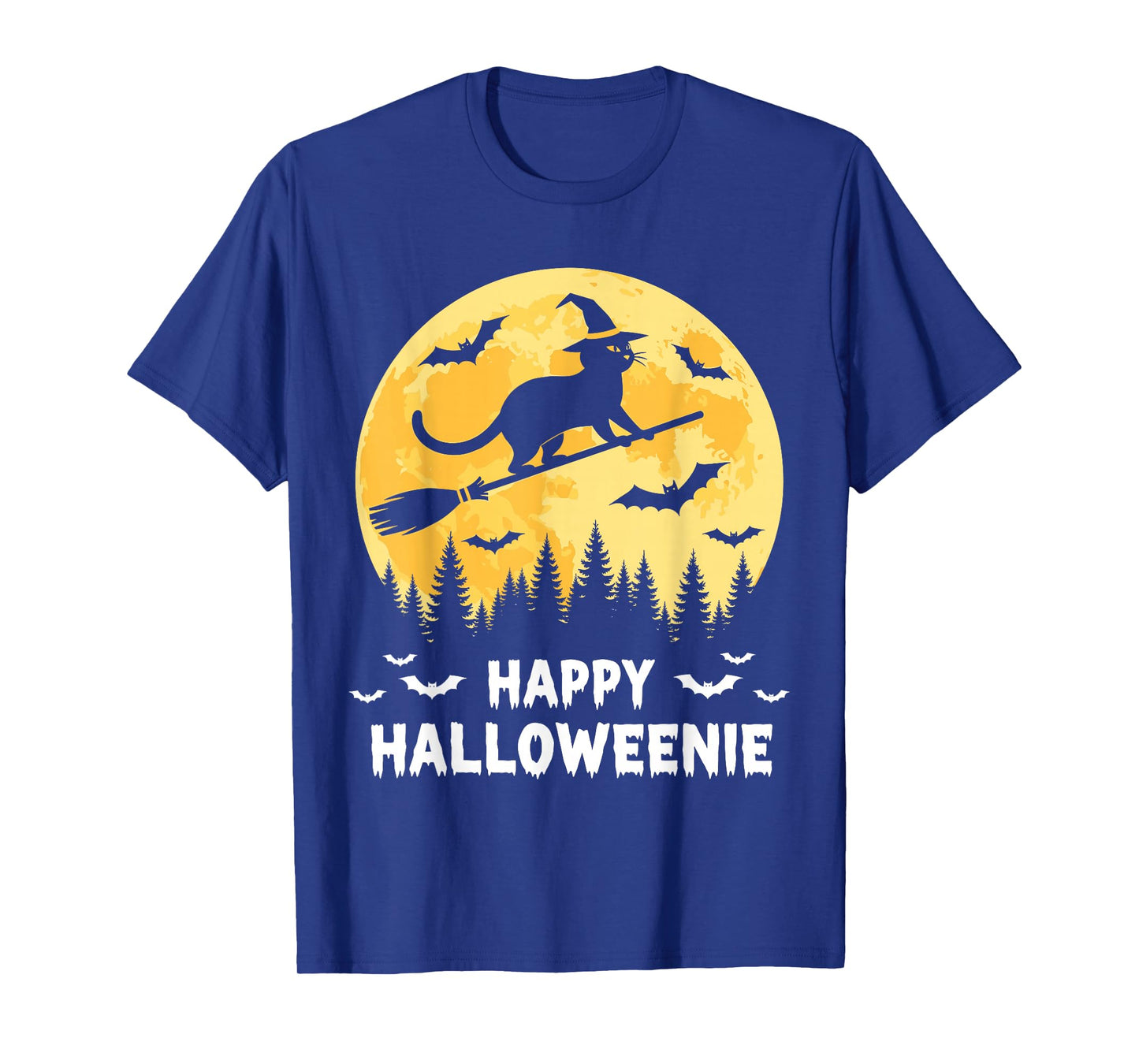 Happy Halloweenie Funny Halloween Cat Flying Witch T-Shirt