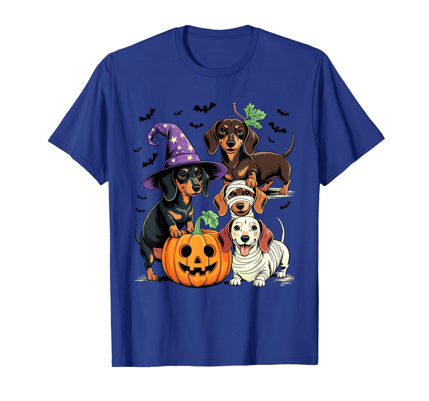 Spooky Dachshund Witch Pumpkin Mummy Ghost Squad Design T-Shirt