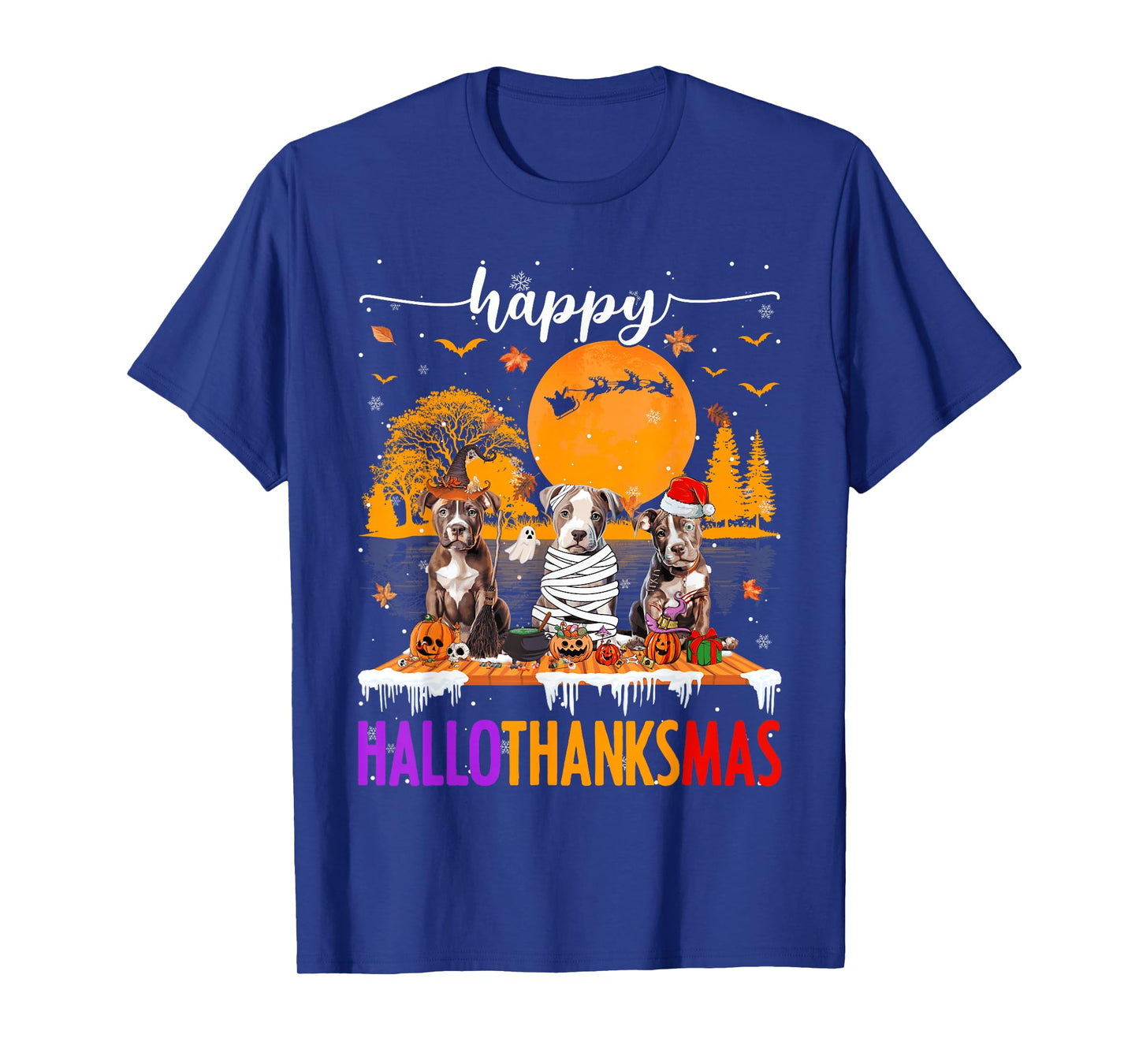 Happy Hallothanksmas Pitbull Dog Halloween Thanksgiving Xmas T-Shirt