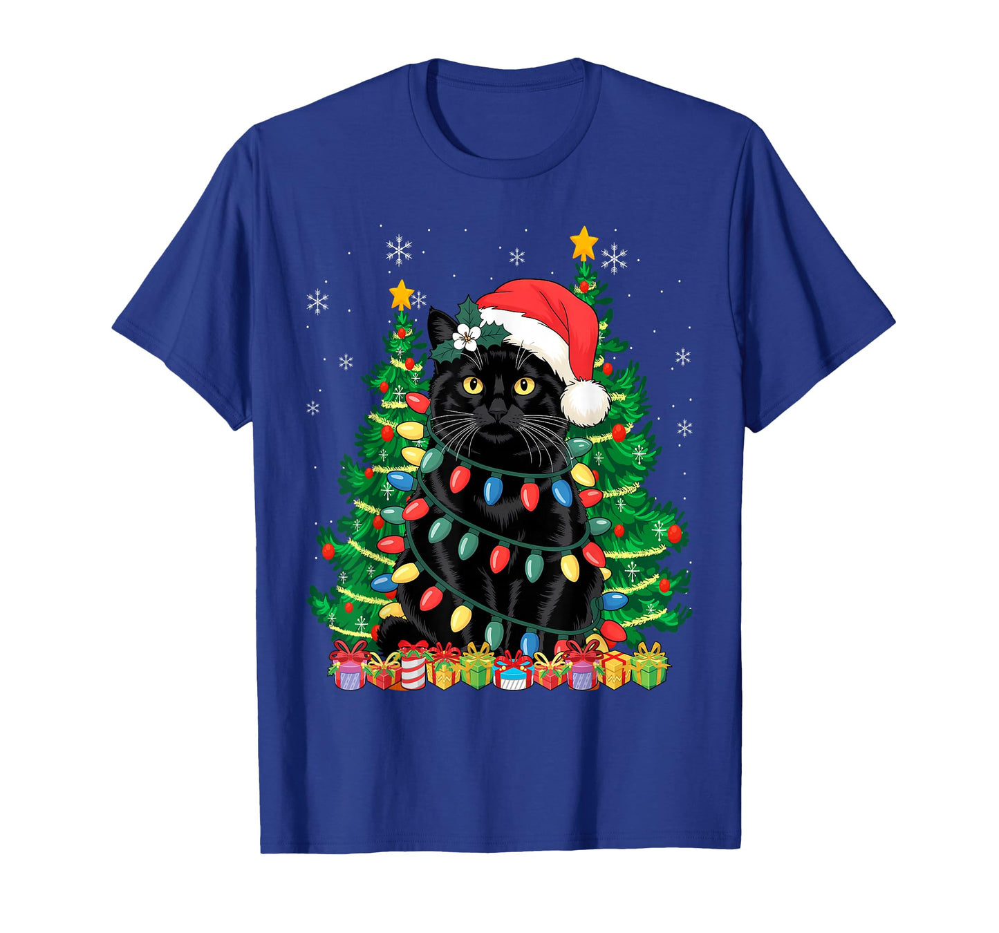 Santa Black Cat Tangled Up in Christmas Tree Lights T-Shirt