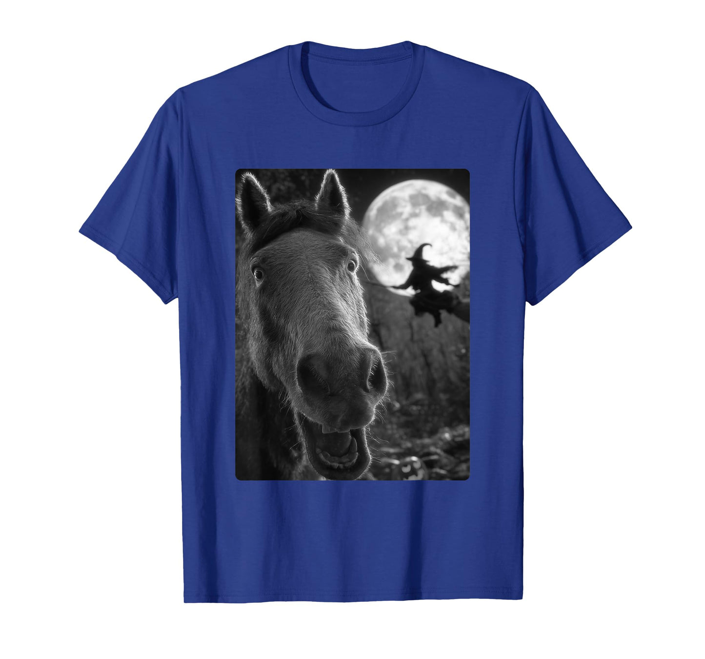 Funny Horse Selfie Full Moon Flying Witch Forest Halloween T-Shirt