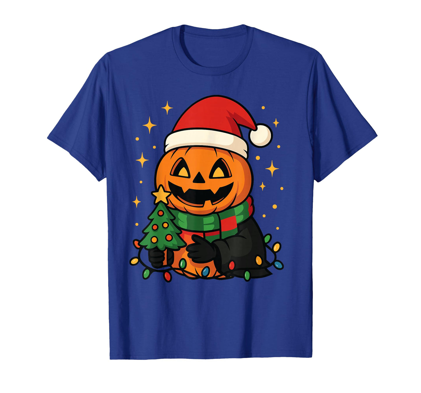 Pumpkin Santa Scarf Tree Lights Merry Christmas Halloween T-Shirt