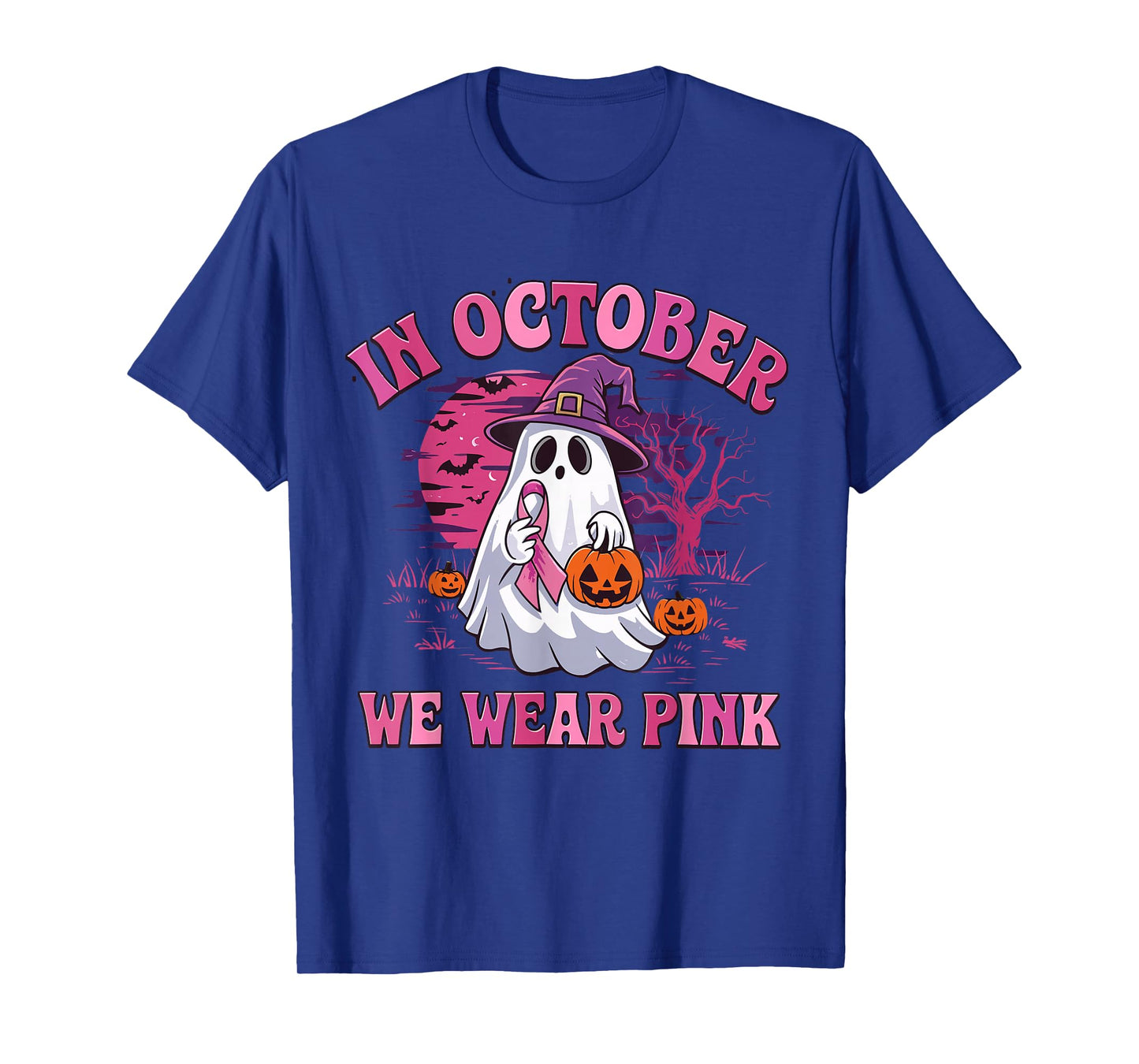 in October We Wear Pink Breast Cancer Ghost Pumpkin Witch T-Shirt