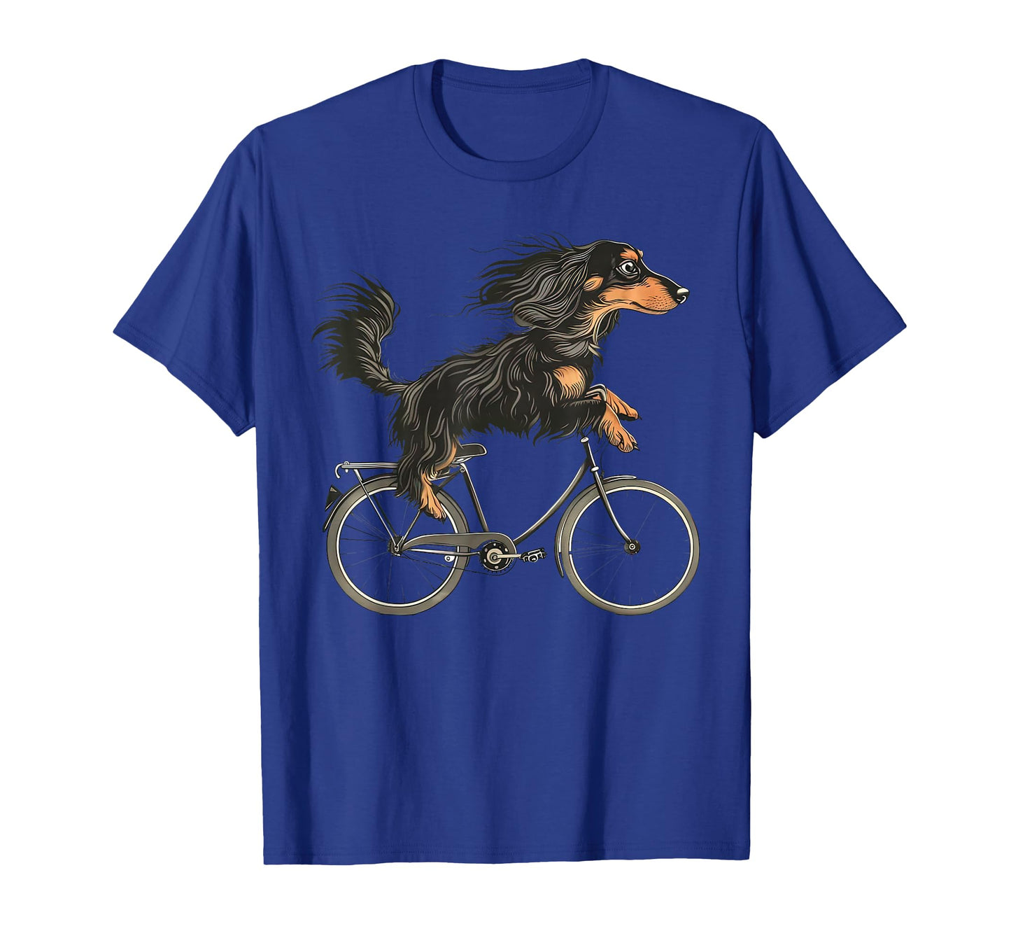 Vintage Long Haired Dachshund Riding A Bike Cycling Bicycle T-Shirt