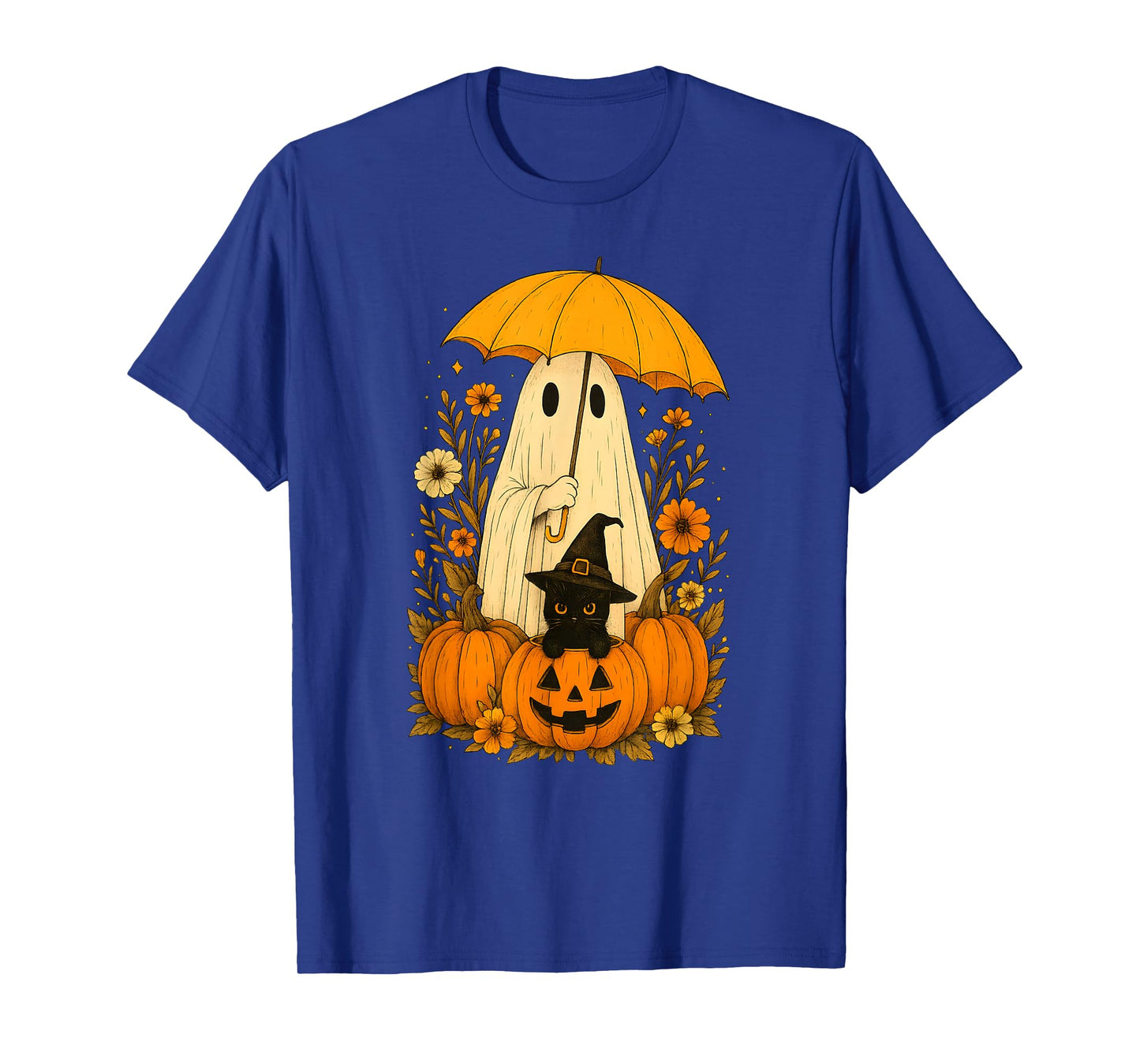 Vintage Halloween Ghost and Black Cat Groovy Floral T-Shirt