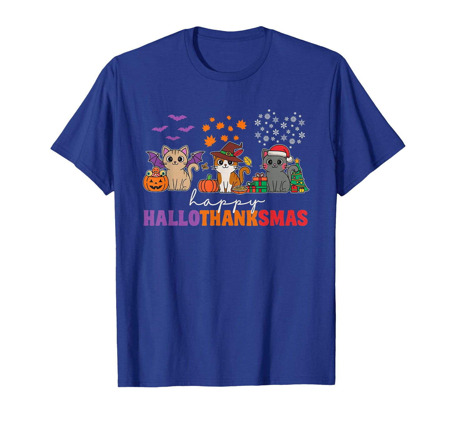 Happy HalloThanksMas Cats Halloween Thanksgiving Christmas T-Shirt