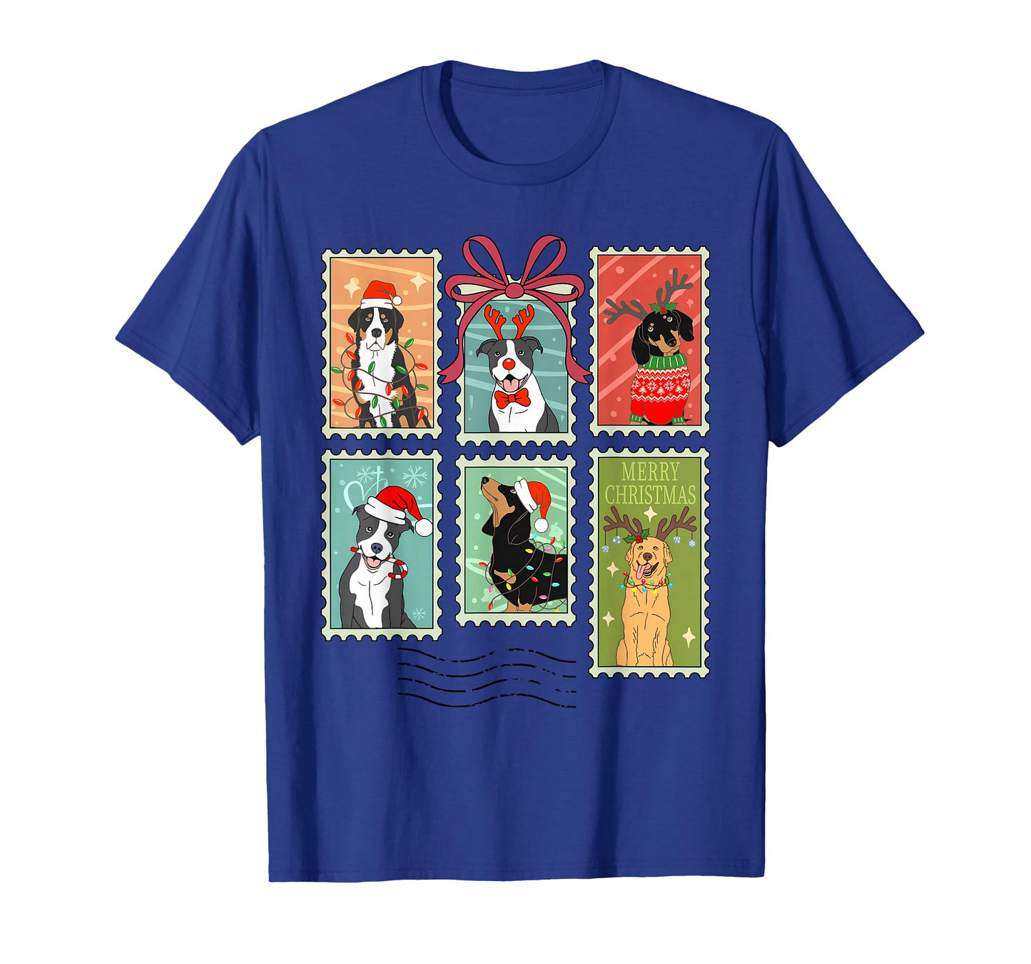 Vintage Merry Christmas Dogs Santa Stamps Reindeer Coquette T-Shirt