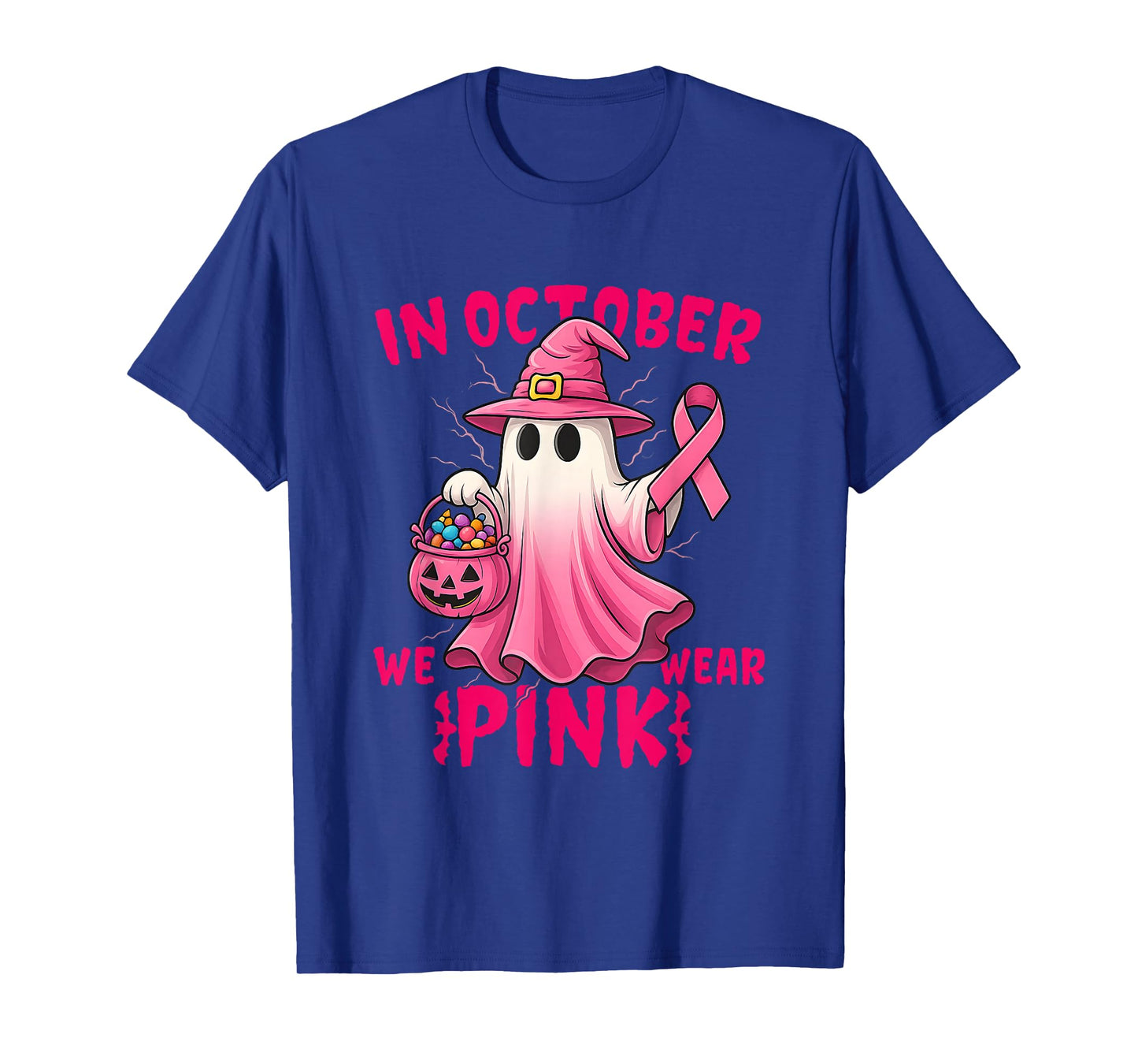 in October We Wear Pink Ghost Witch Breast Cancer Awareness T-Shirt