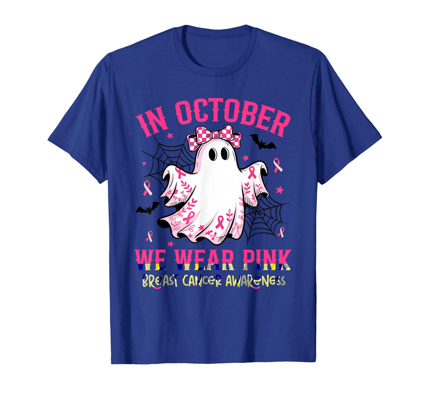 in October We Wear Pink Ghost Witch Breast Cancer Awareness T-Shirt