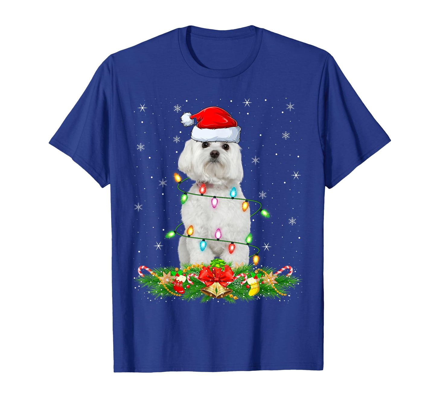 Maltese Dog Christmas Lights Funny Santa Hat Xmas T-Shirt