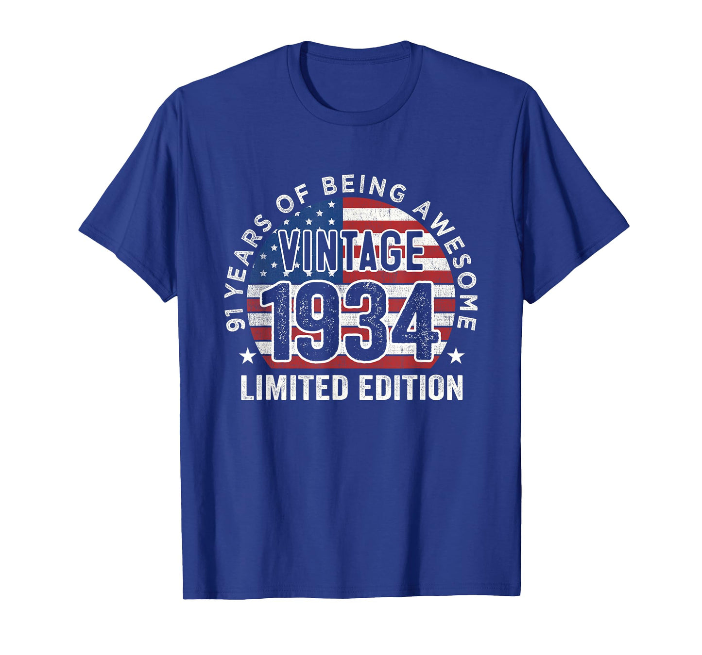 91st Birthday Gifts Men Vintage 1934 91 Years Old USA Flag T-Shirt