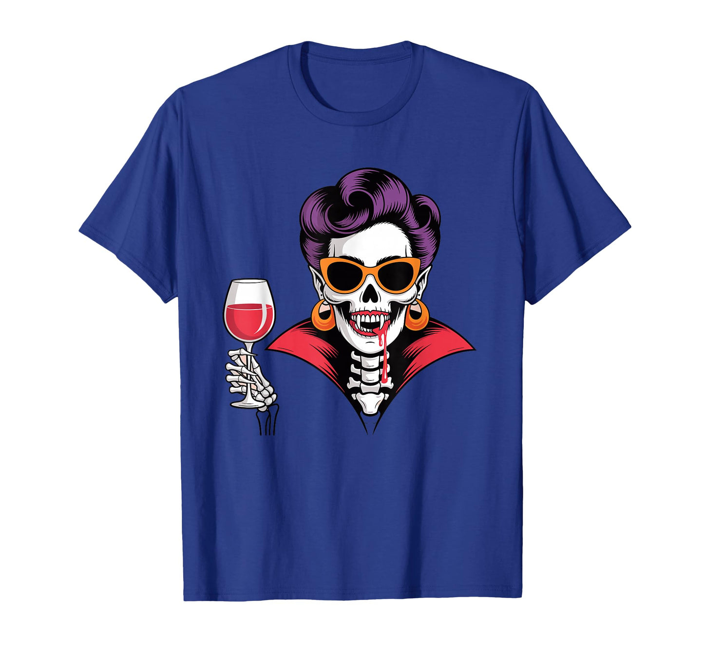 Vampire Skeleton Woman with Wine Funny Halloween Art T-Shirt