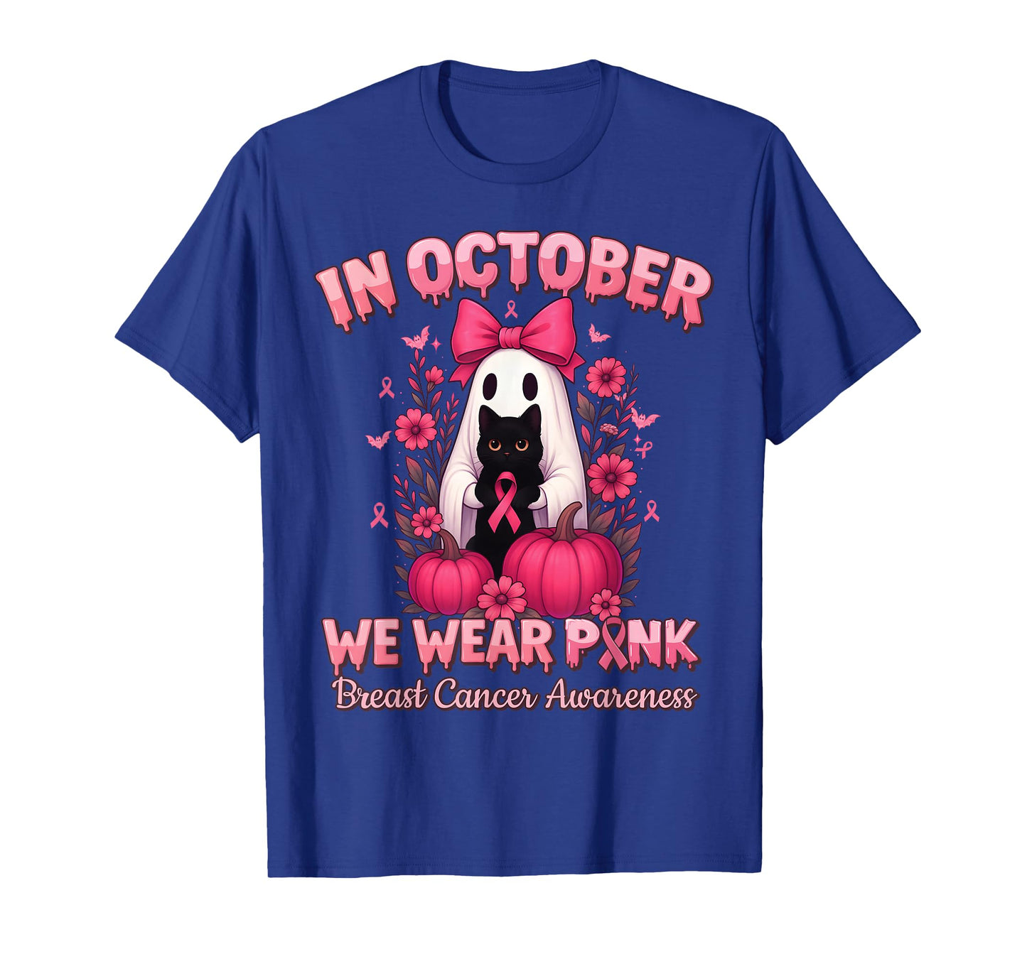 in October We Wear Pink Ghost Witch Breast Cancer Awareness T-Shirt