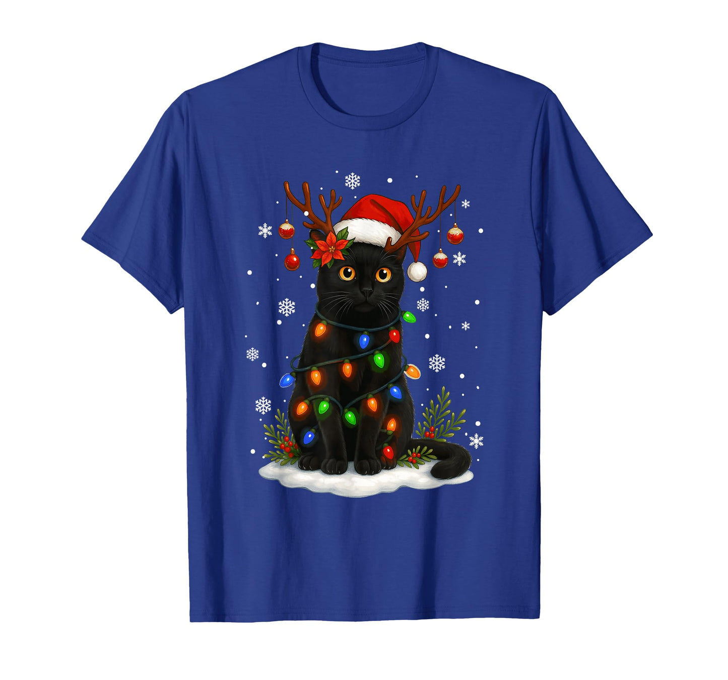 Black Cat Christmas Santa Hat Lights Funny Cats Women Mom T-Shirt