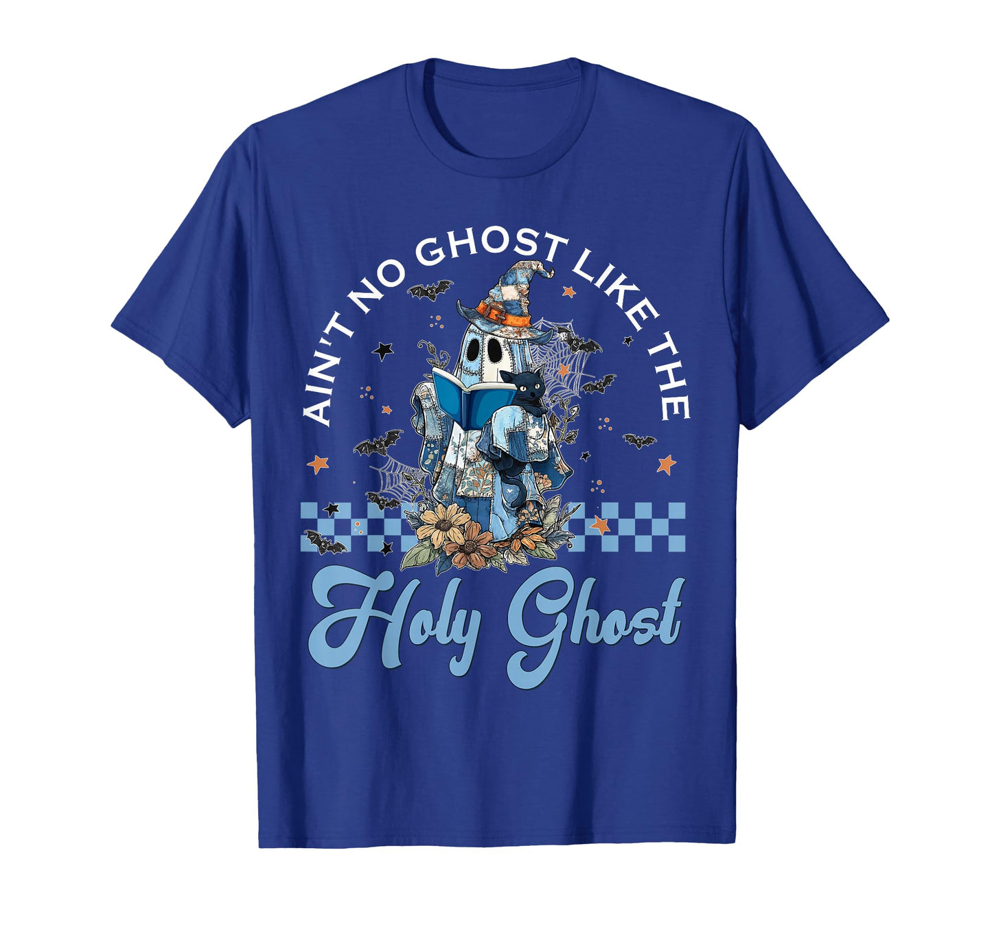 Retro Checkered Floral Denim Ghost Black Cat Witch Halloween T-Shirt