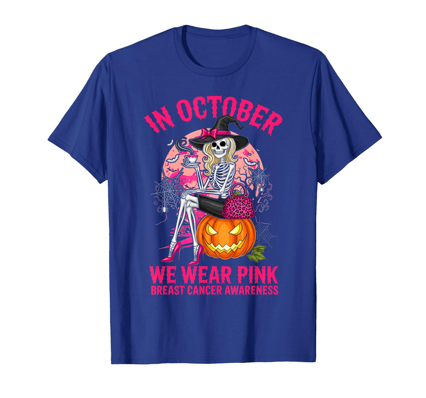 Halloween Breast Cancer Awareness Spooky Skeleton Witch T-Shirt