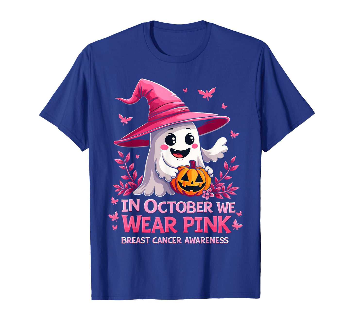 in October We Wear Pink Ghost Witch Breast Cancer Awareness T-Shirt