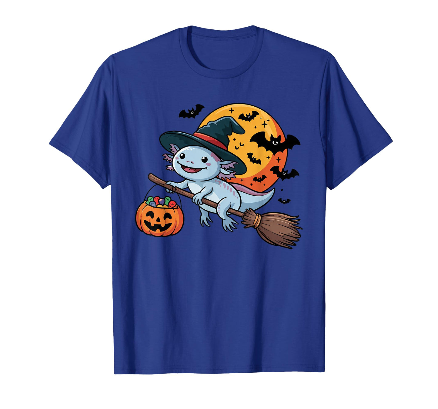 Cute Axolotl Witch Riding Broom Halloween Pumpkin Kids Boys T-Shirt