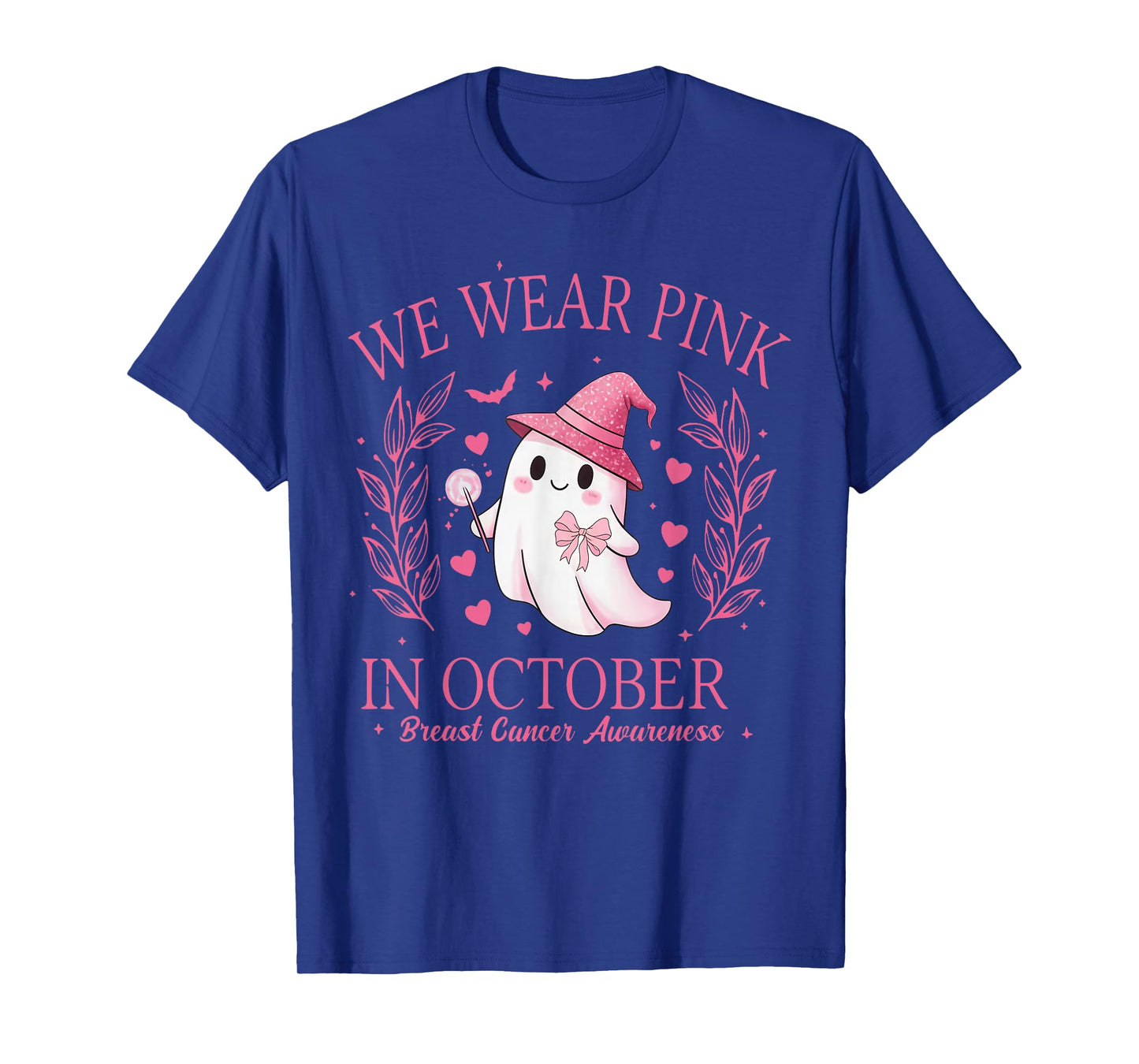 in October We Wear Pink Ghost Witch Breast Cancer Awareness T-Shirt
