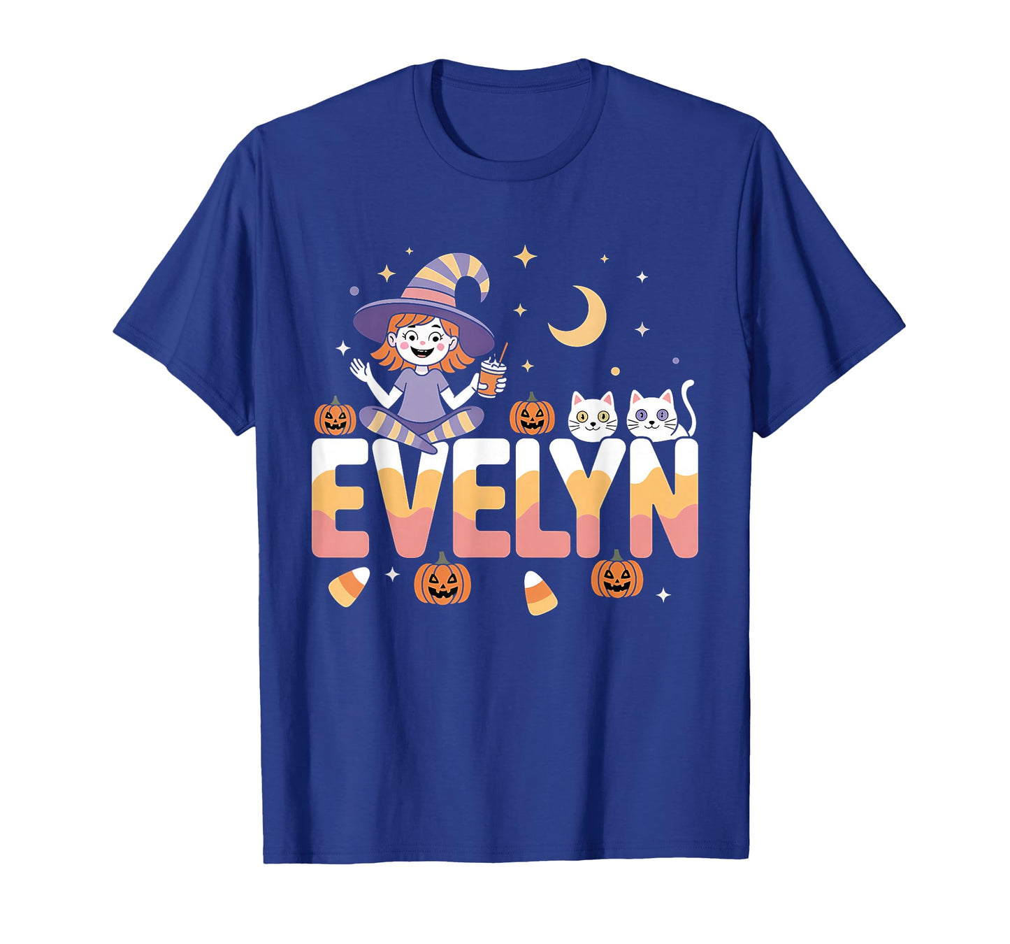 Evelyn Witch Candy Corn Cat Halloween Women and Girls T-Shirt