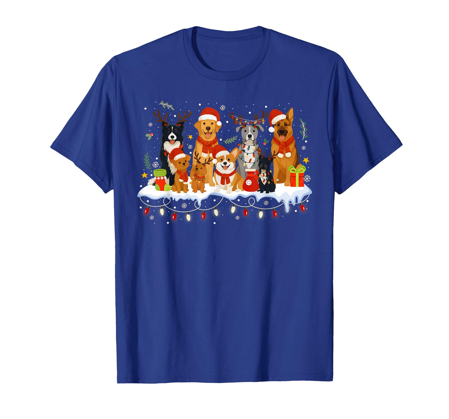 Cute Dogs in Santa Hats Xmas Holiday Christmas Lights T-Shirt