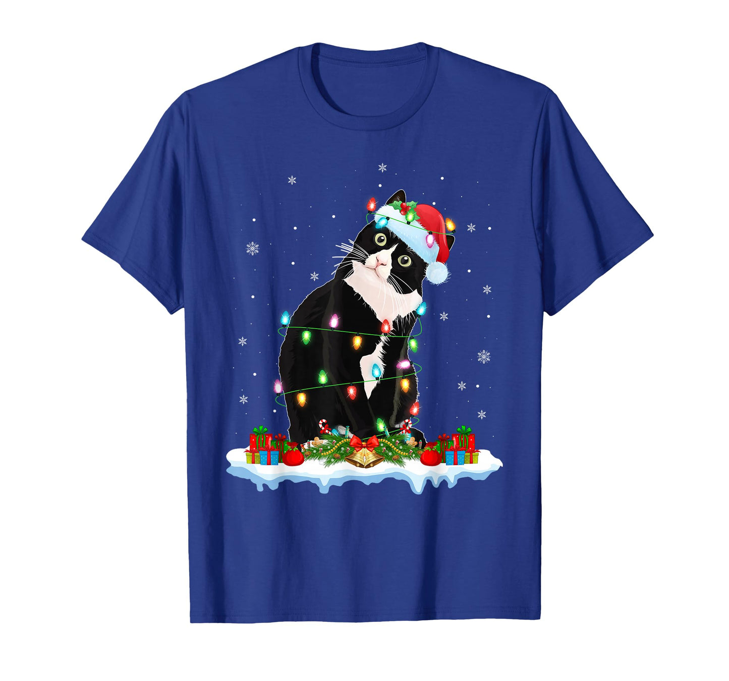 Black Cat Christmas Lights Funny Santa Hat Black Cat Xmas T-Shirt