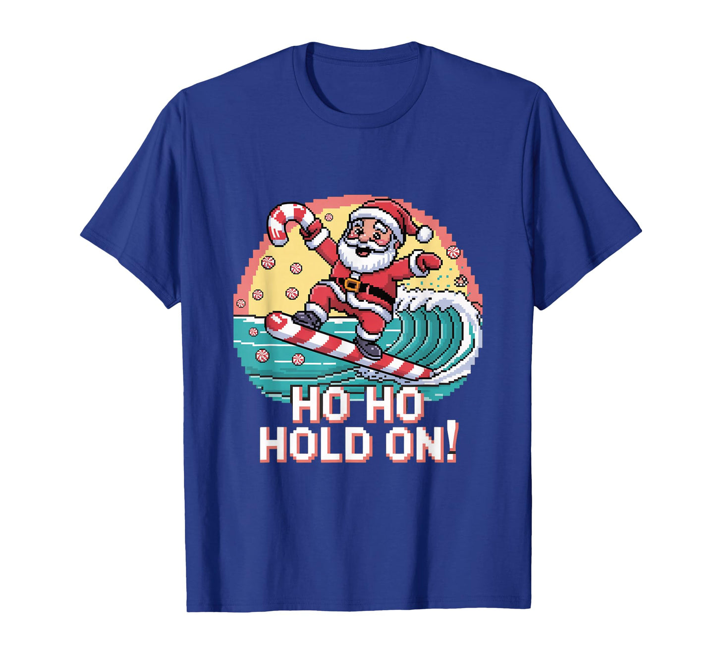 Ho Ho Hold On Pixel Santa Surf Design T-Shirt