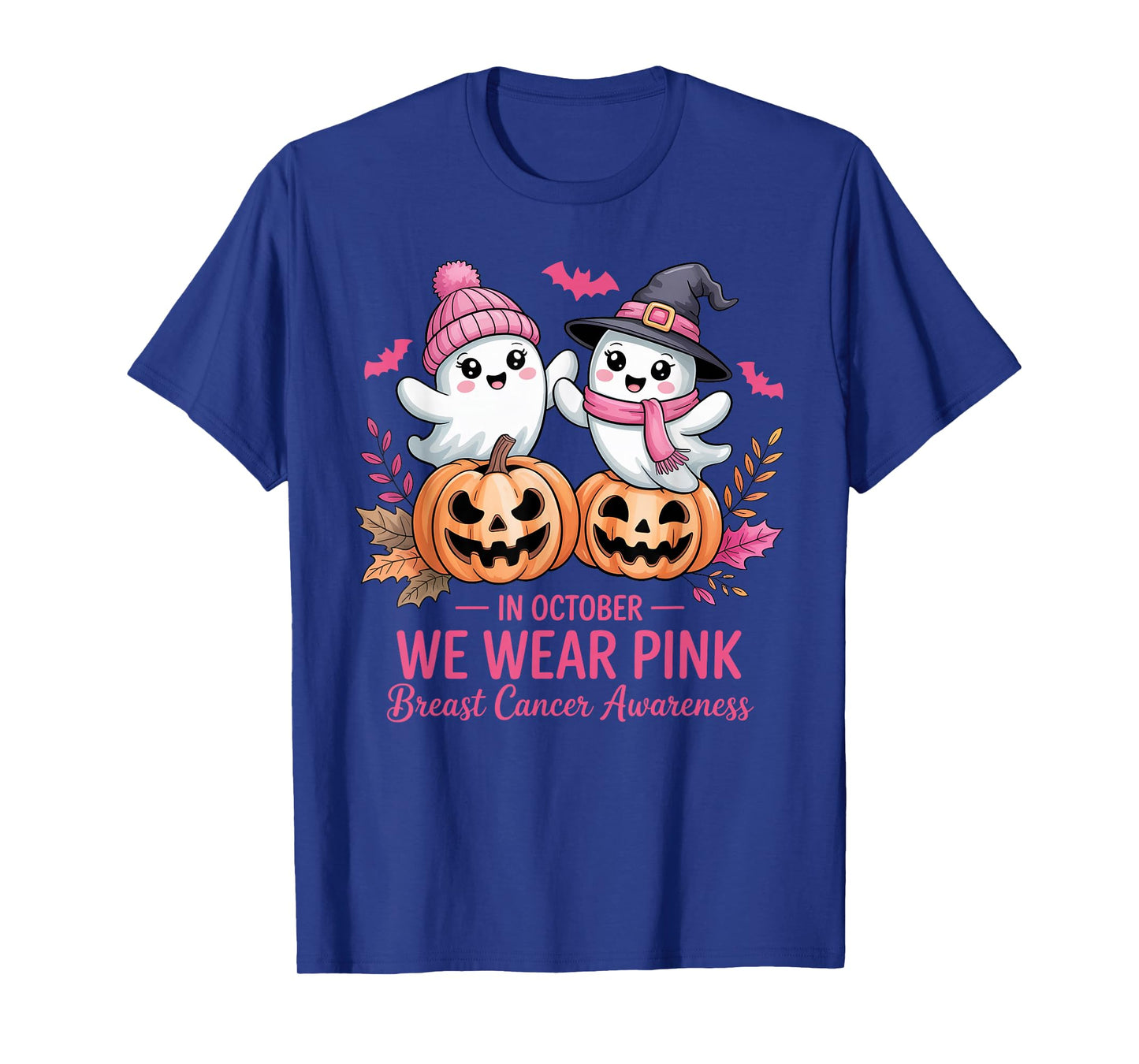 in October We Wear Pink Ghost Witch Breast Cancer Awareness T-Shirt