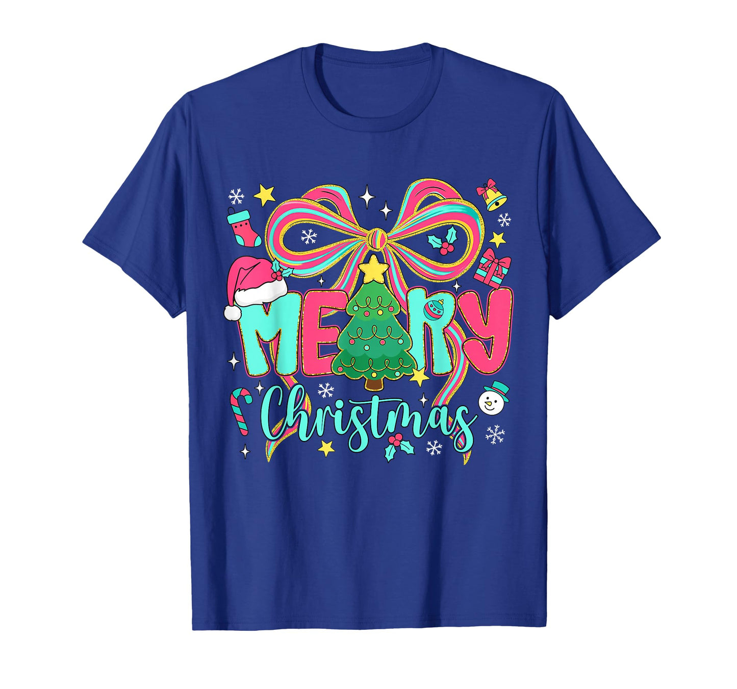 Preppy Merry Christmas Coquette Bow Pink Christmas Tree Girl T-Shirt