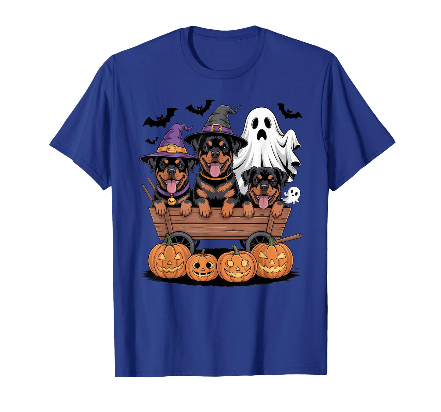 Rottweiler Halloween Wagon Witch Hats Ghost Pumpkins Spooky T-Shirt