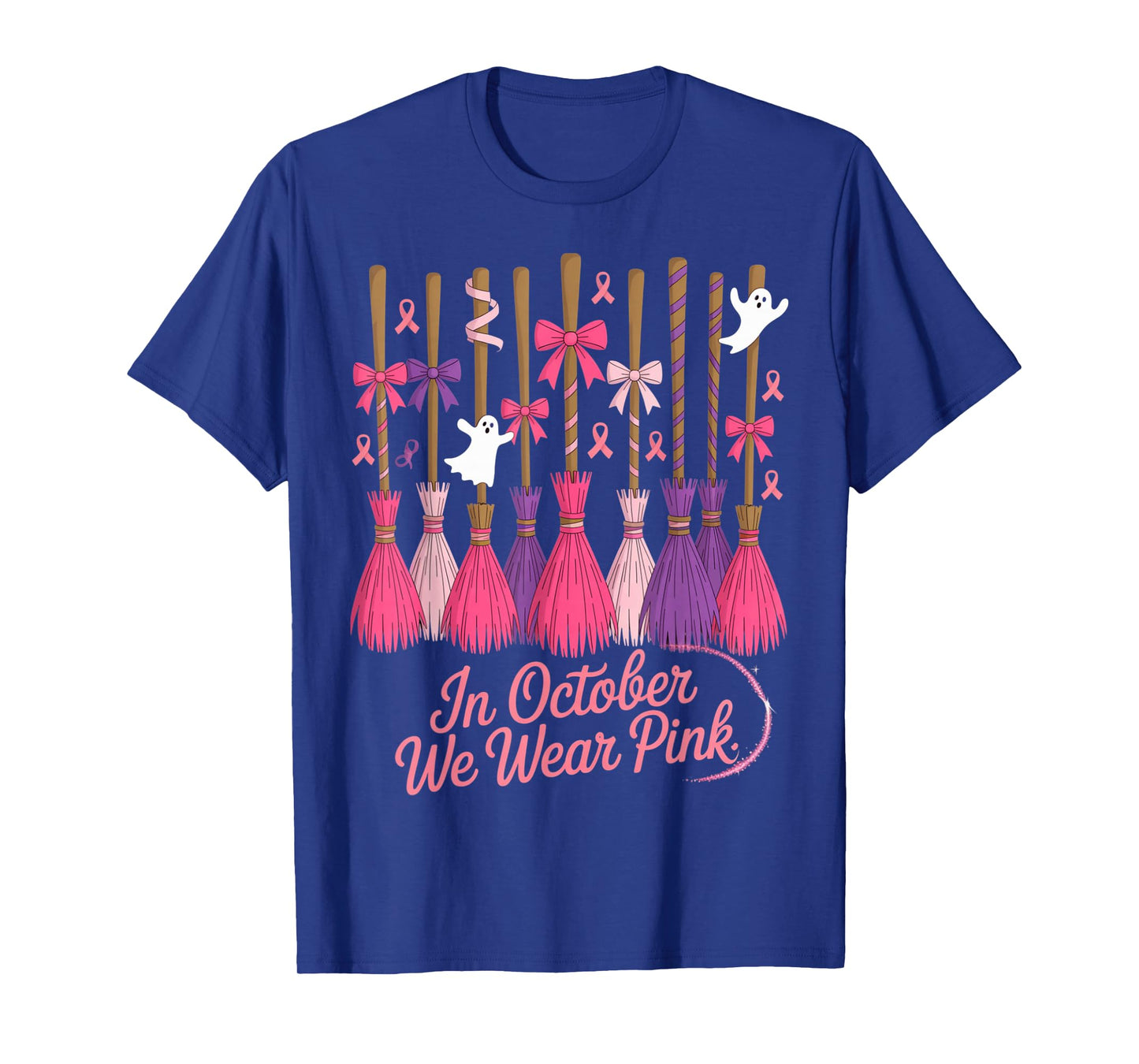 in October We Wear Pink Witches Brooms Spooky Breast Cancer T-Shirt