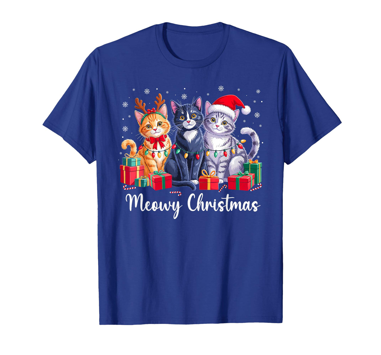 Meowy Christmas Lights Reindeer Santa Cat Lover Xmas Pajamas T-Shirt