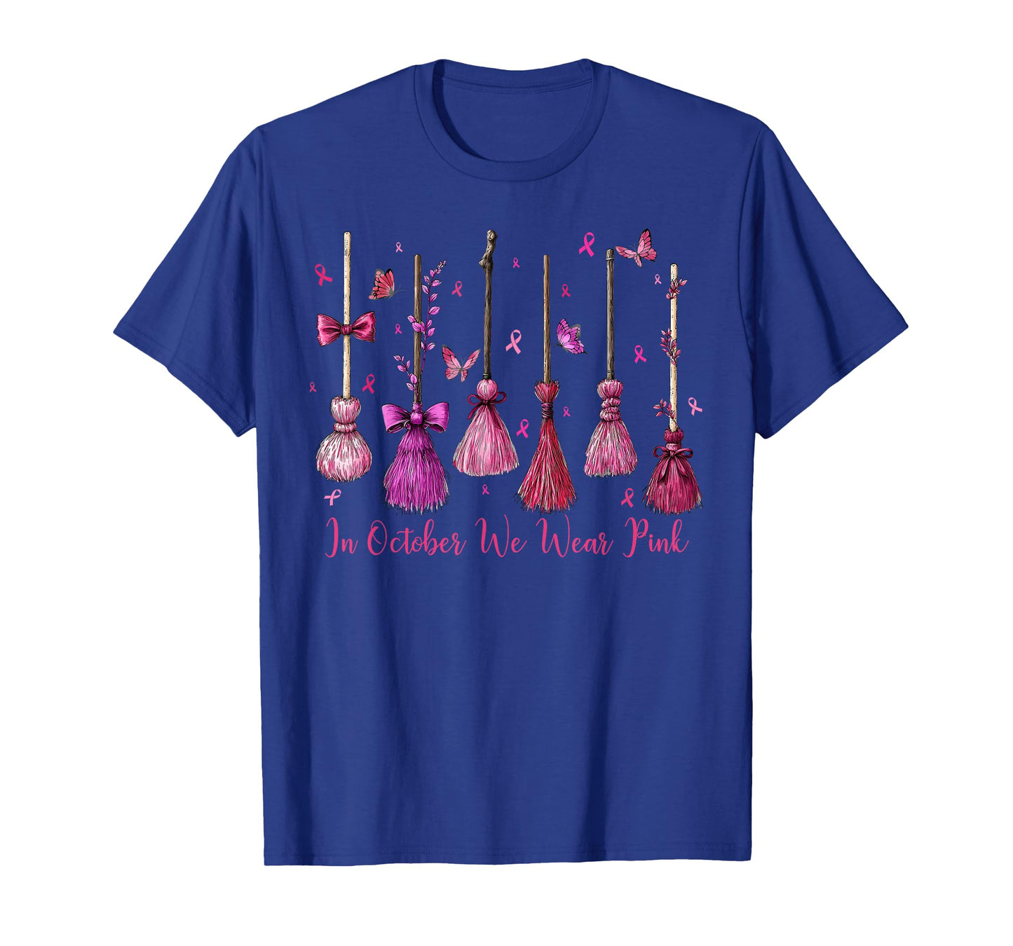 in October We Wear Pink Witch Broom Halloween Breast Cancer T-Shirt