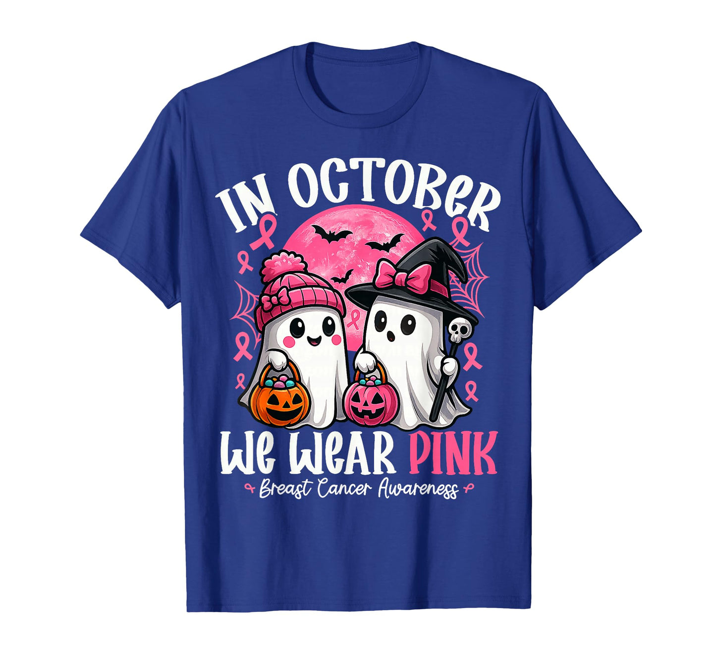 in October We Wear Pink Ghost Witch Breast Cancer Awareness T-Shirt