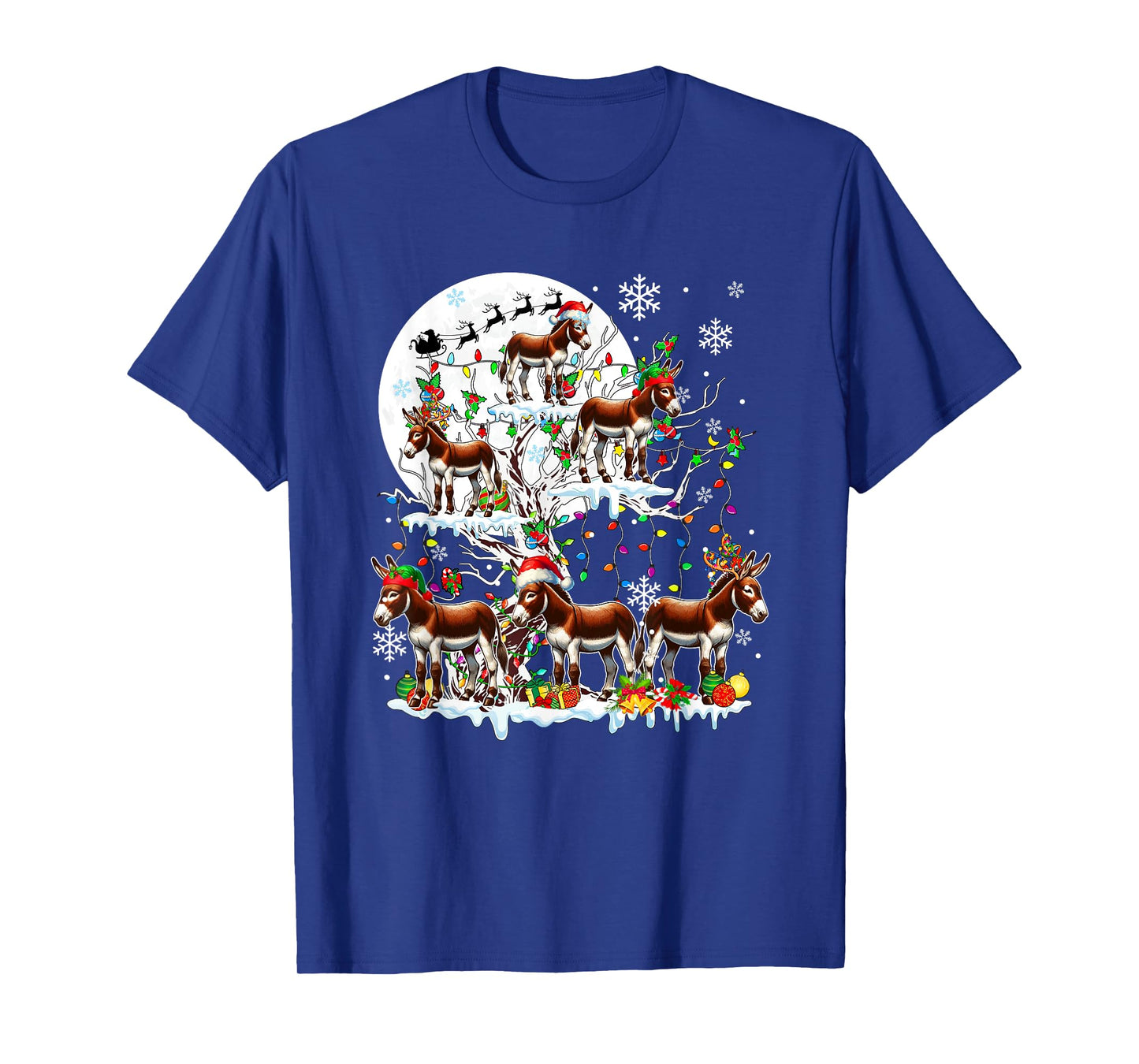 Group Santa Reindeer Elf Donkeys On Tree Christmas Snow T-Shirt