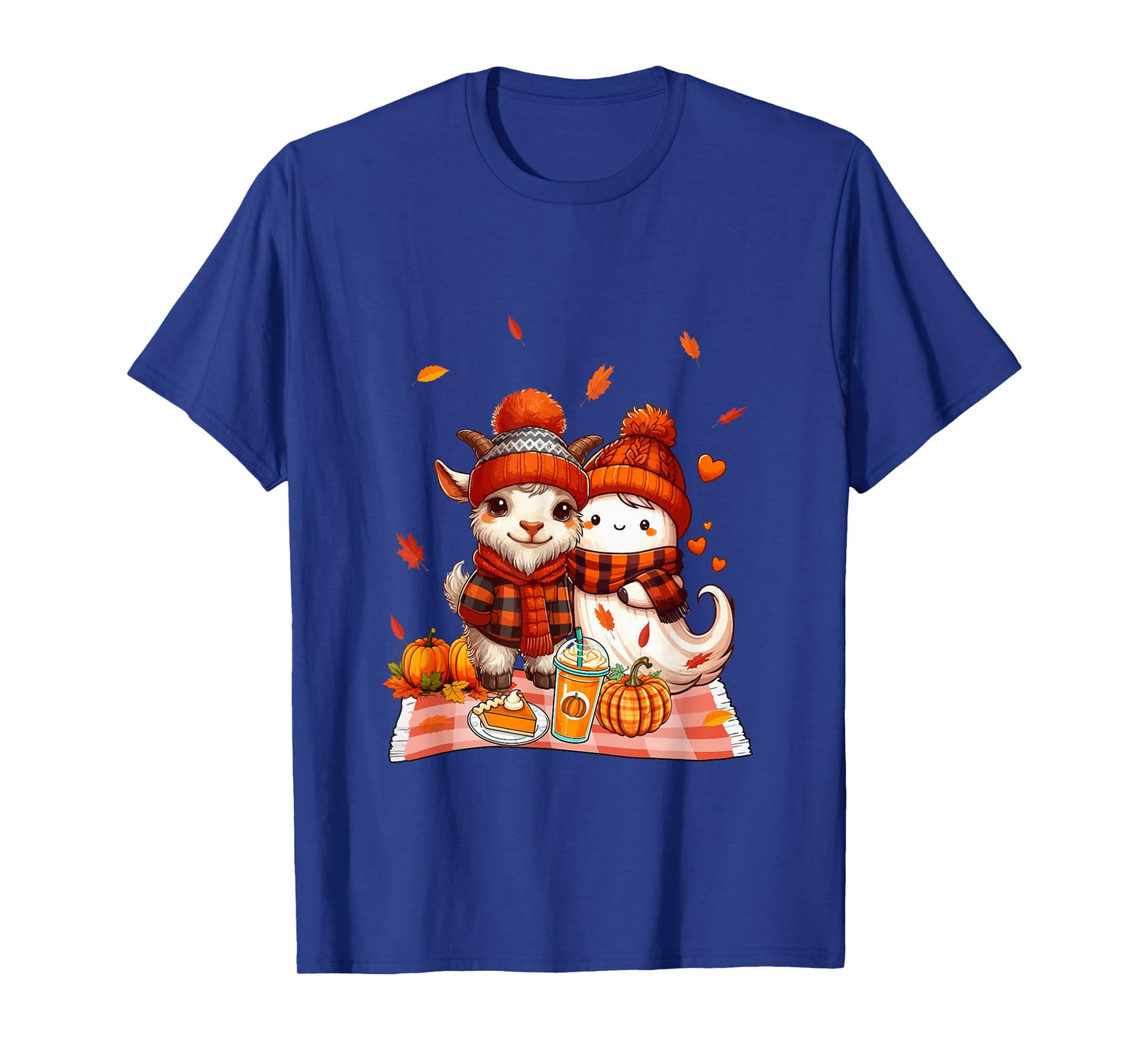 Goat with Boo Halloween Thanksgiving Fall Leaves Pumpkins T-Shirt