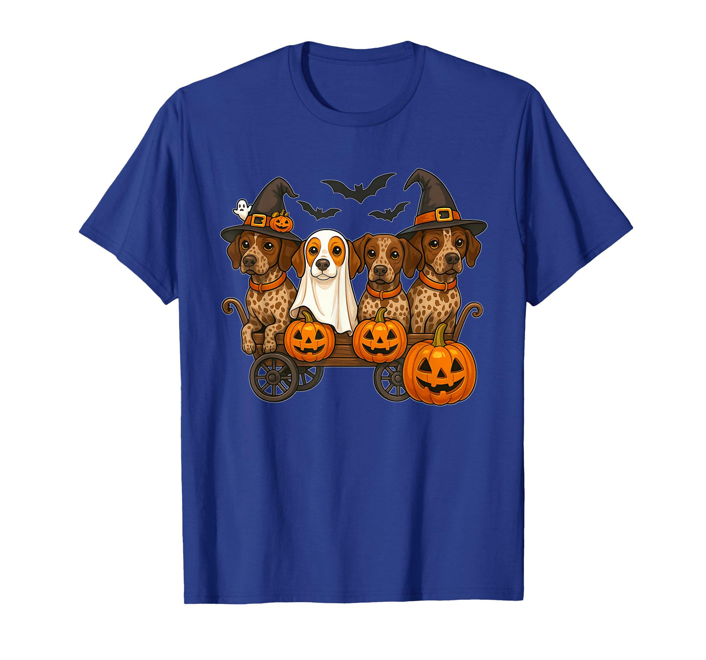 Halloween Shorthaired Dogs Ghost Witch Pumpkins Wooden Wagon T-Shirt