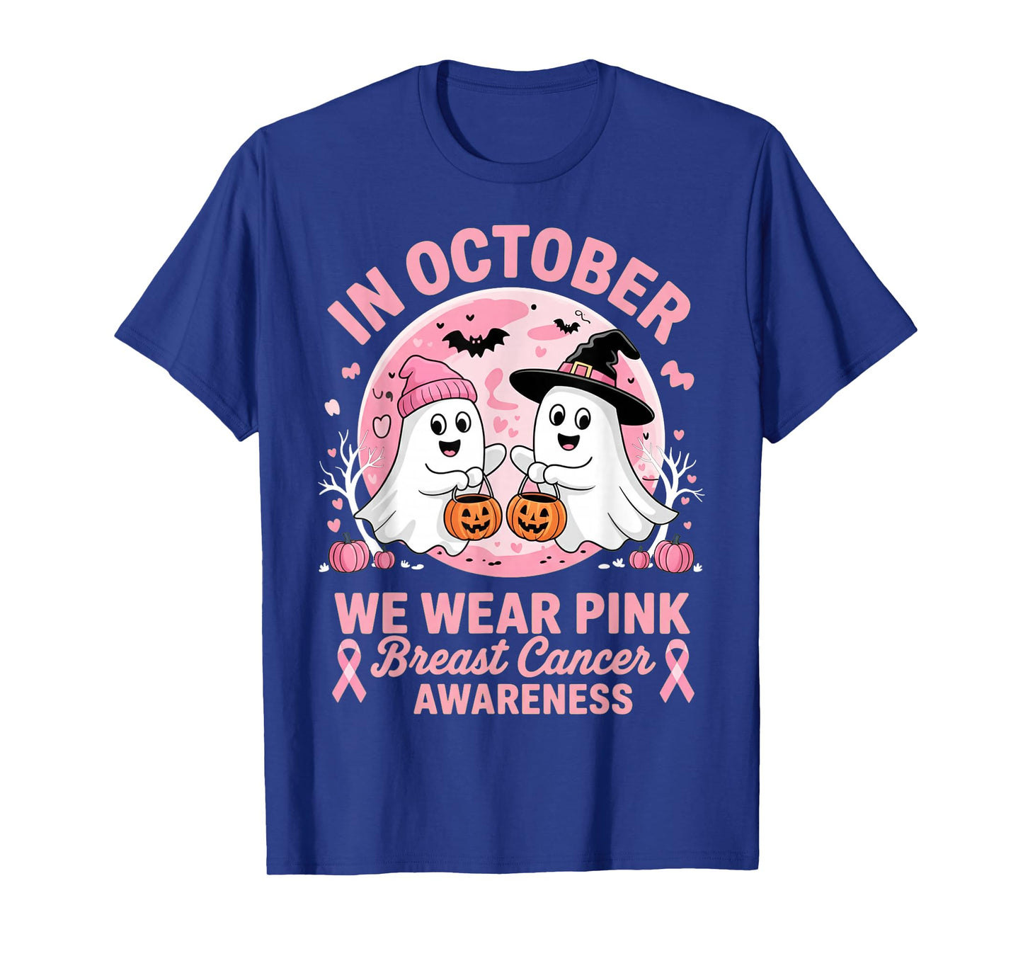 in October We Wear Pink Ghost Witch Breast Cancer Awareness T-Shirt