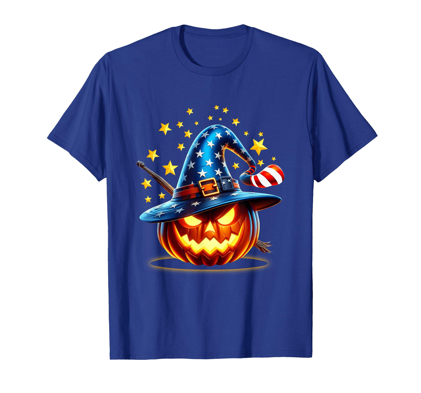 Patriotic Jack O Lantern Wearing Stars and Stripes Witch Hat T-Shirt