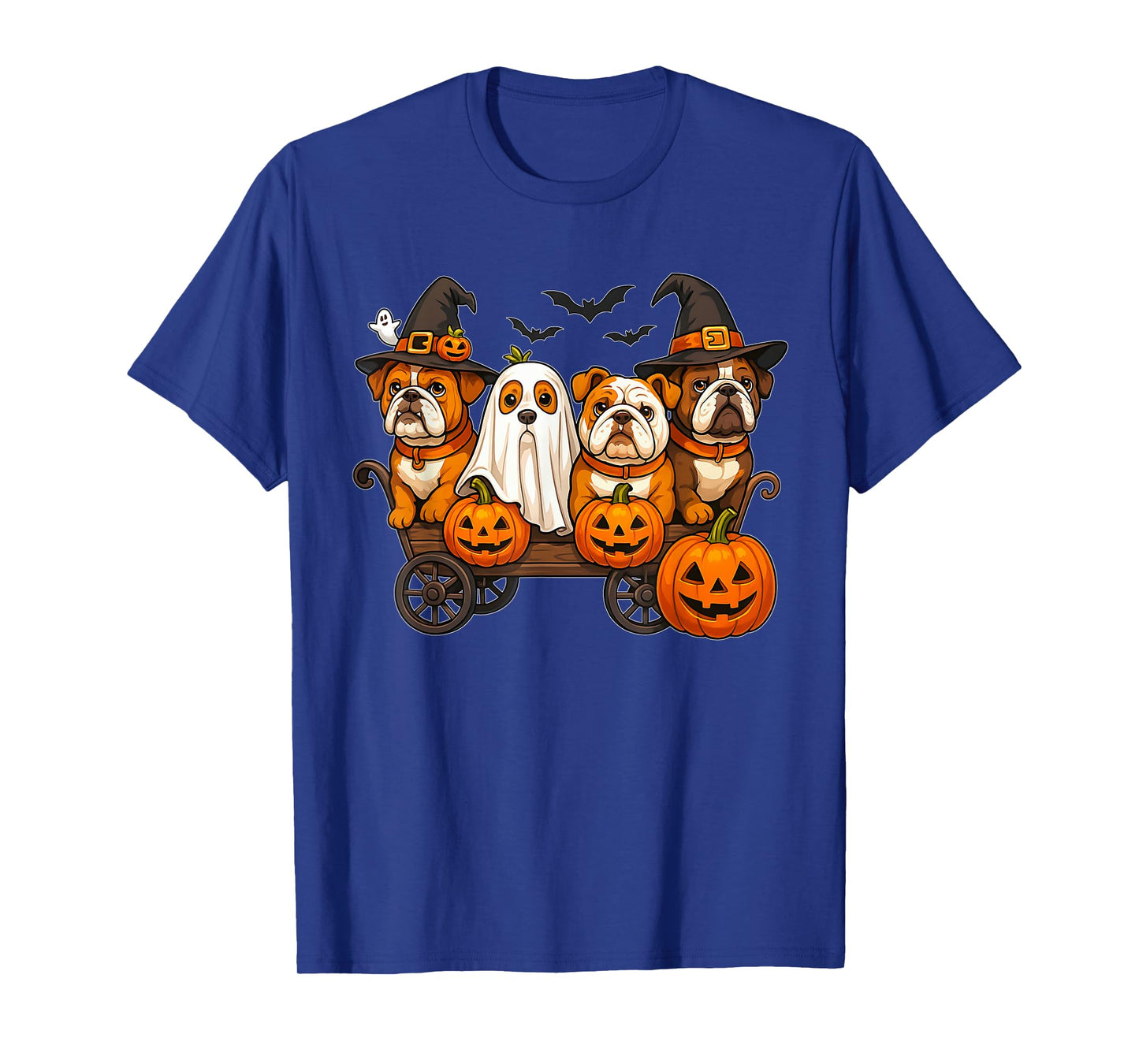 Halloween Bulldog Dogs Ghost Witch Pumpkins Wooden Wagon T-Shirt