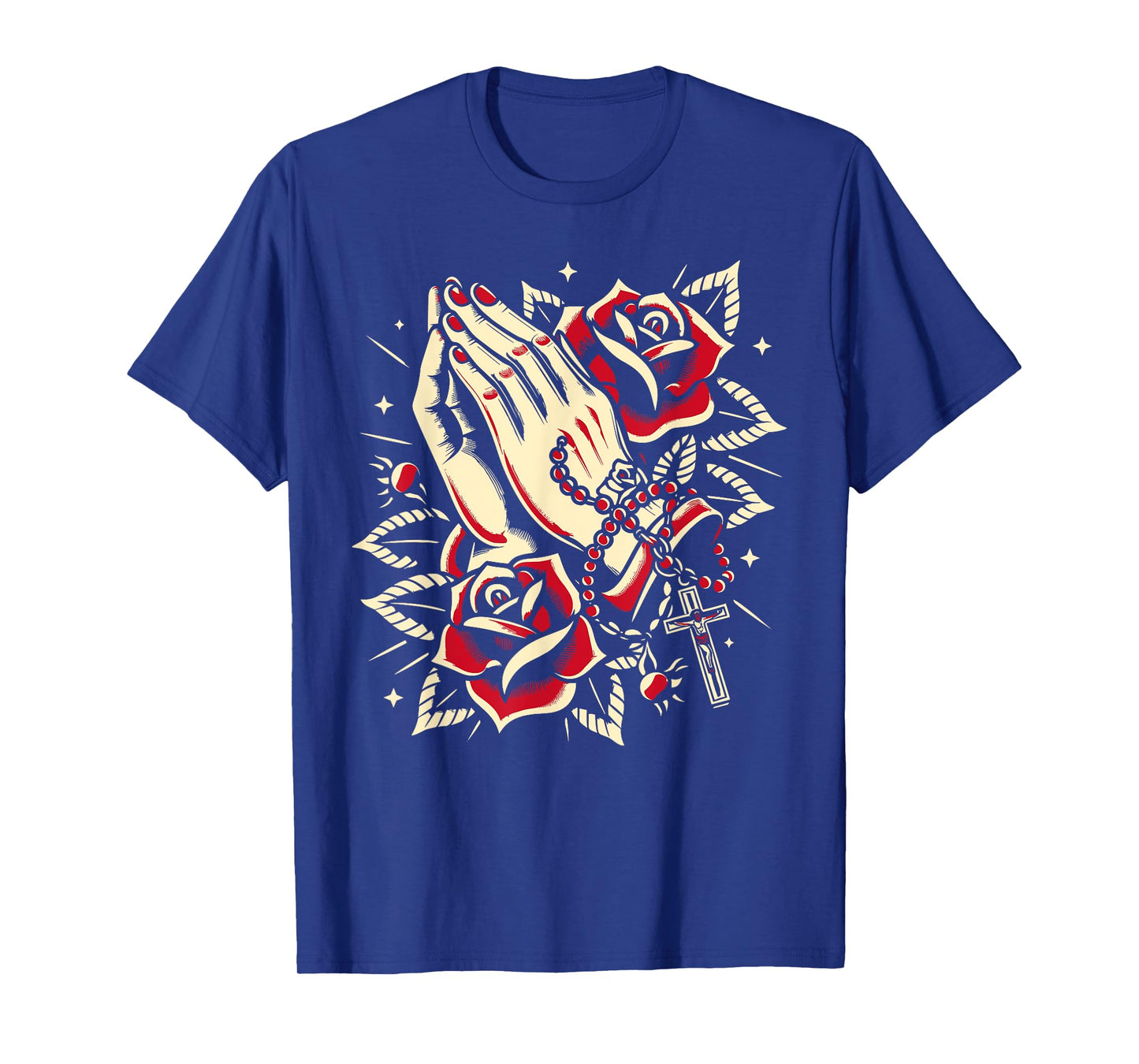 Praying Hands Rosary and Rose, Traditional Tattoo Design T-Shirt