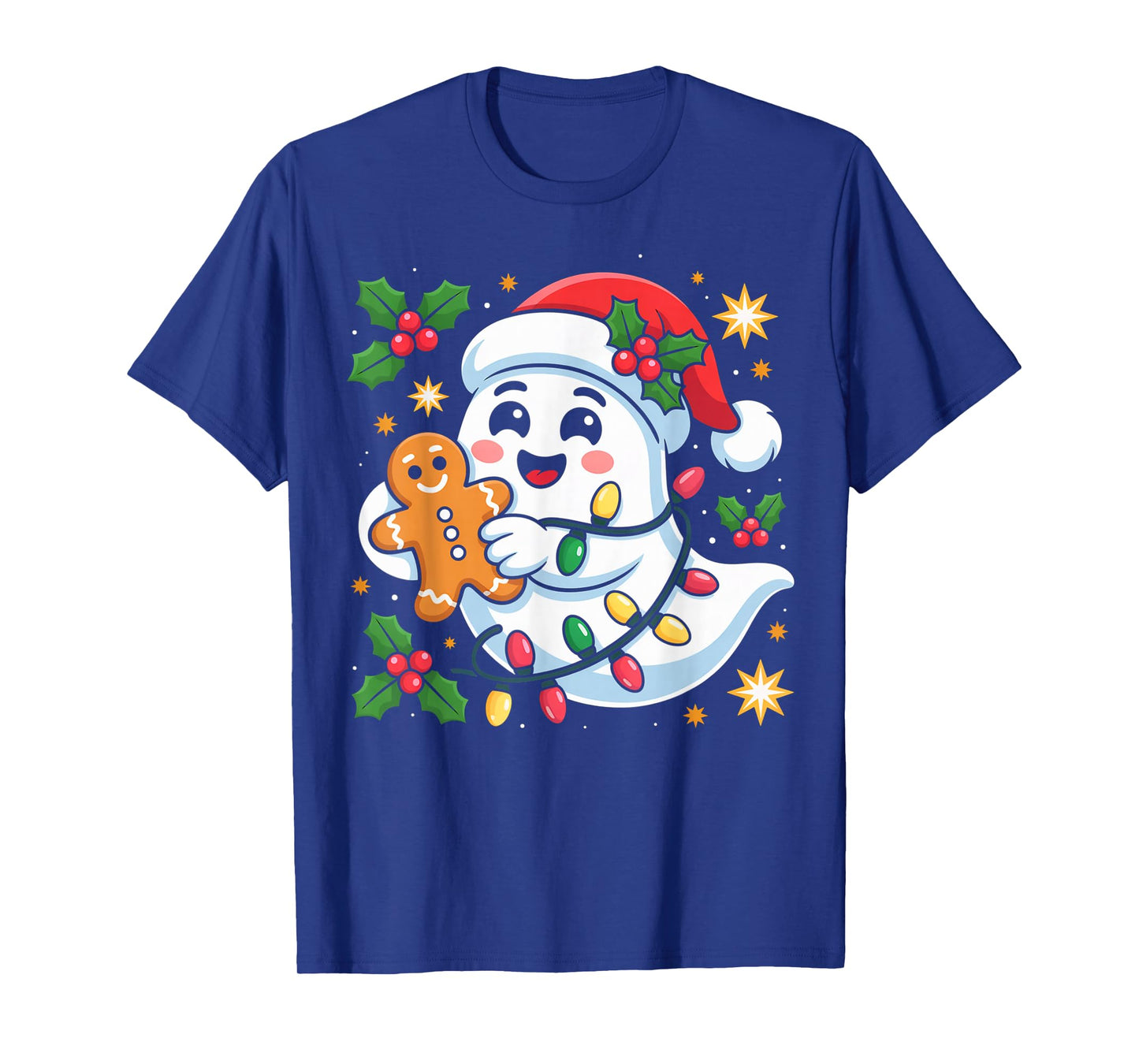 Kawaii Ghost Santa Hat Holiday Lights Xmas Costume T-Shirt