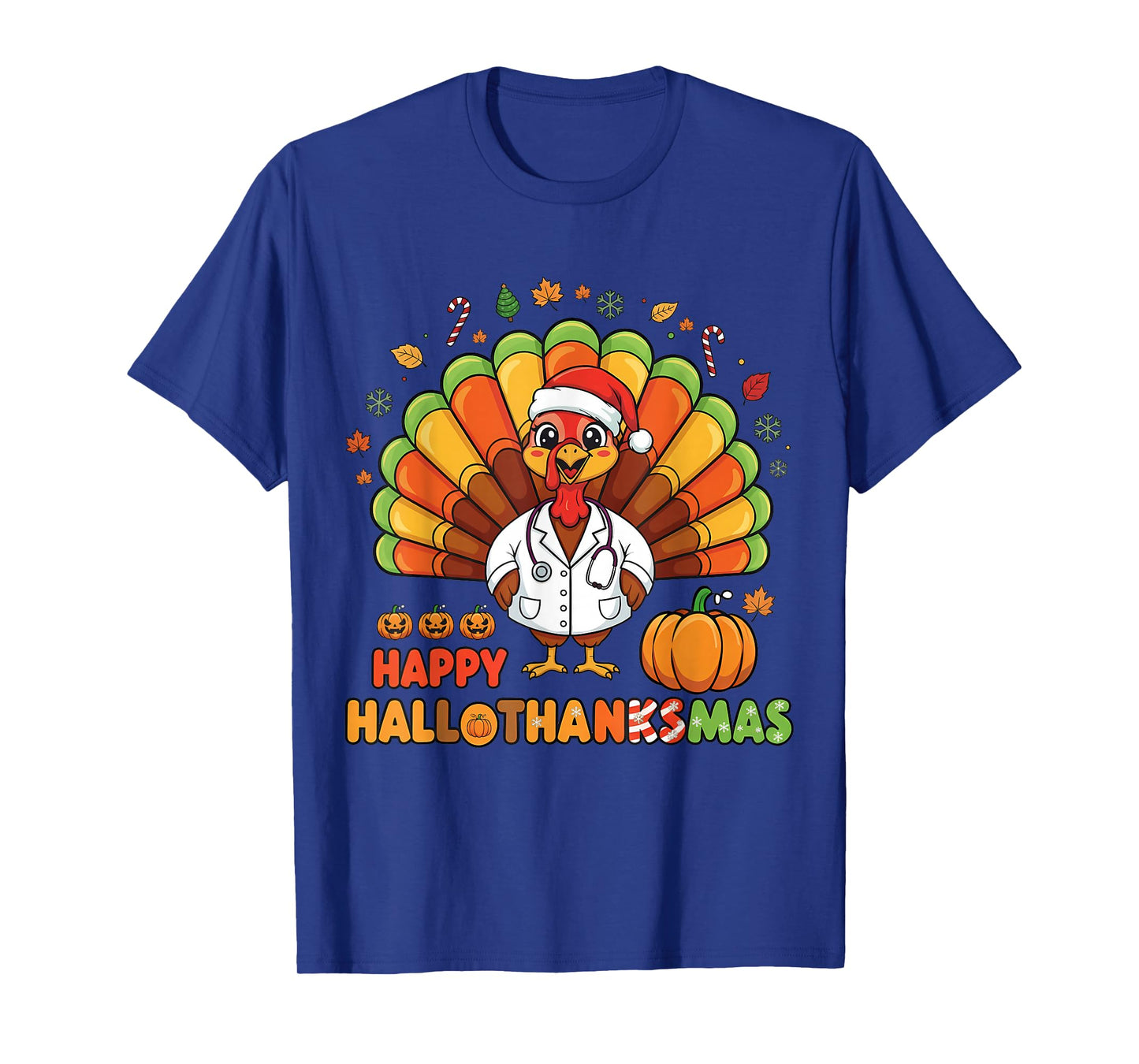 Halloween Thanksgiving Happy HalloThanksMas Santa Lights T-Shirt